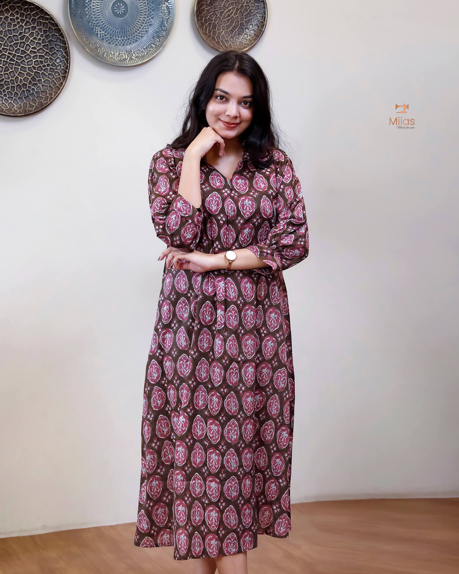 Cotton Handblock Kurti | Shirt Collar Pleated | Brown