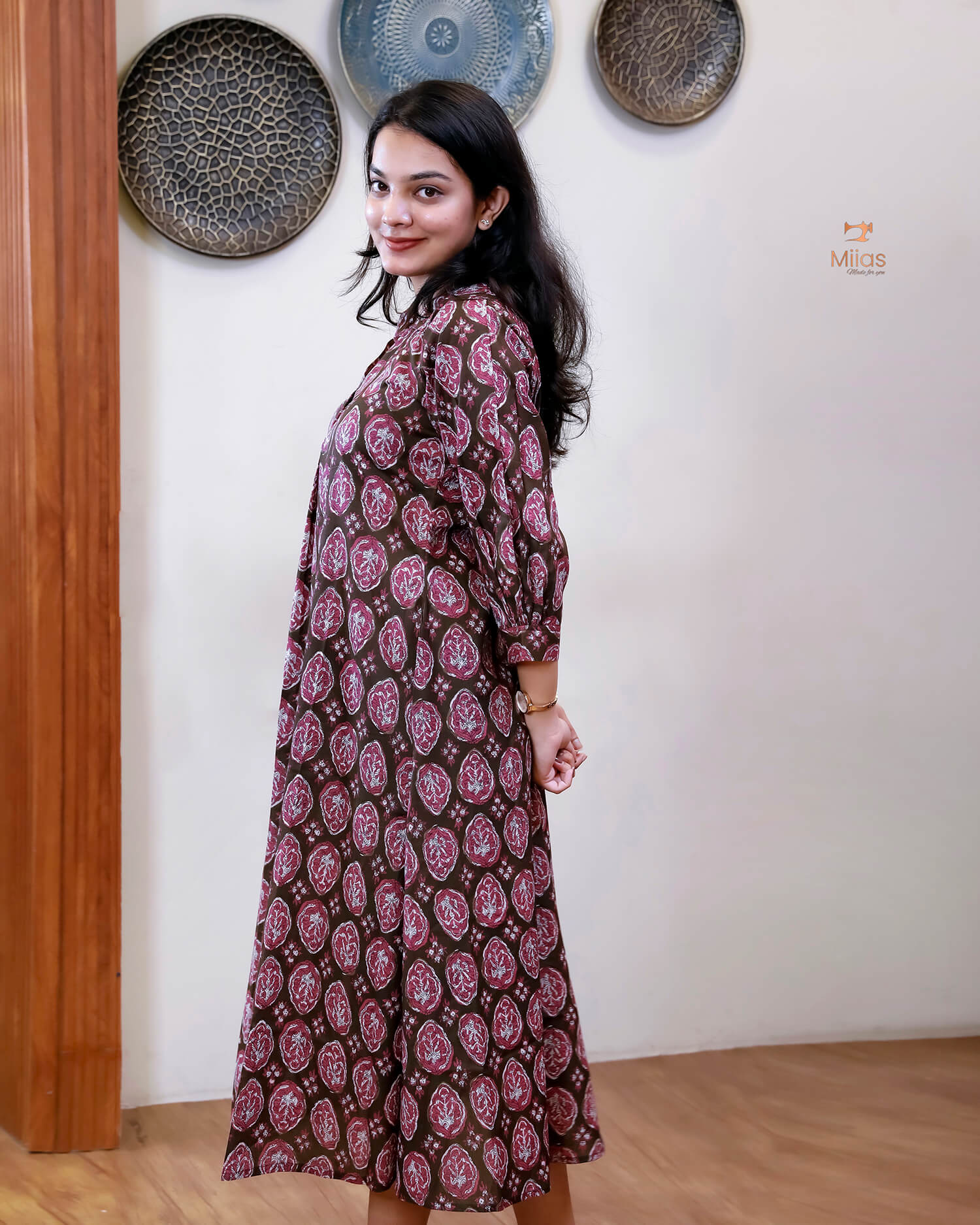 Cotton Handblock Kurti | Shirt Collar Pleated | Brown