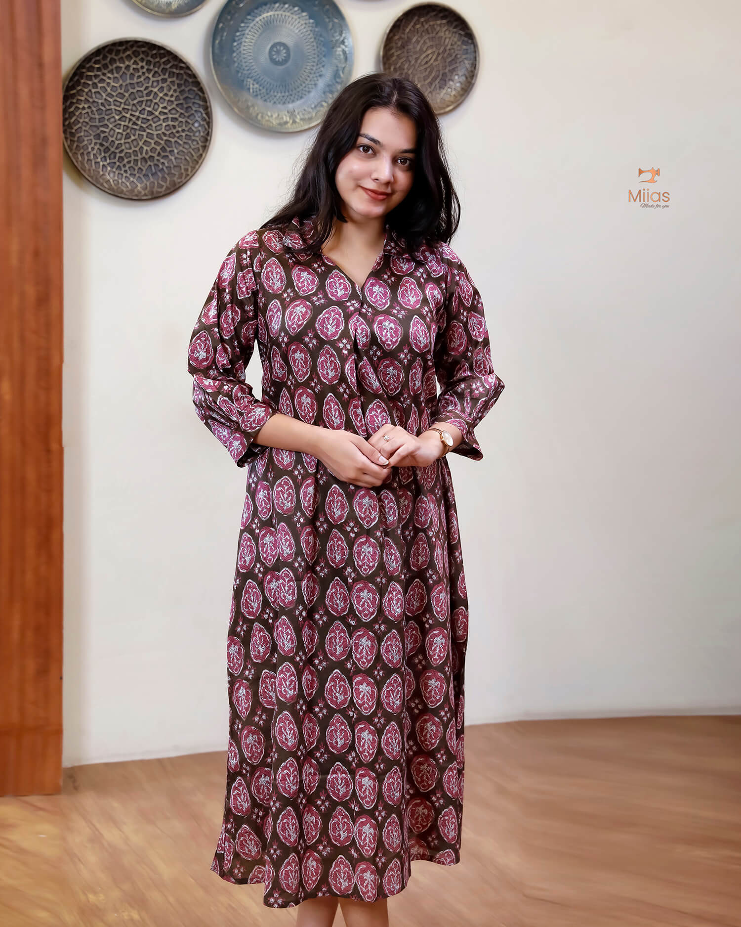 Cotton Handblock Kurti | Shirt Collar Pleated | Brown