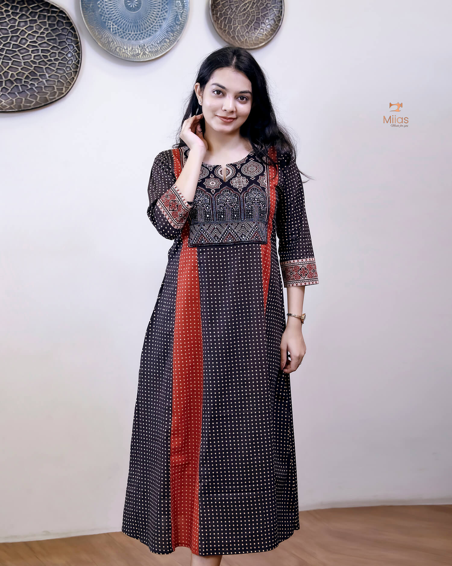 Cotton Panel Kurti | Ajrakh Patches & Beadwork | Black