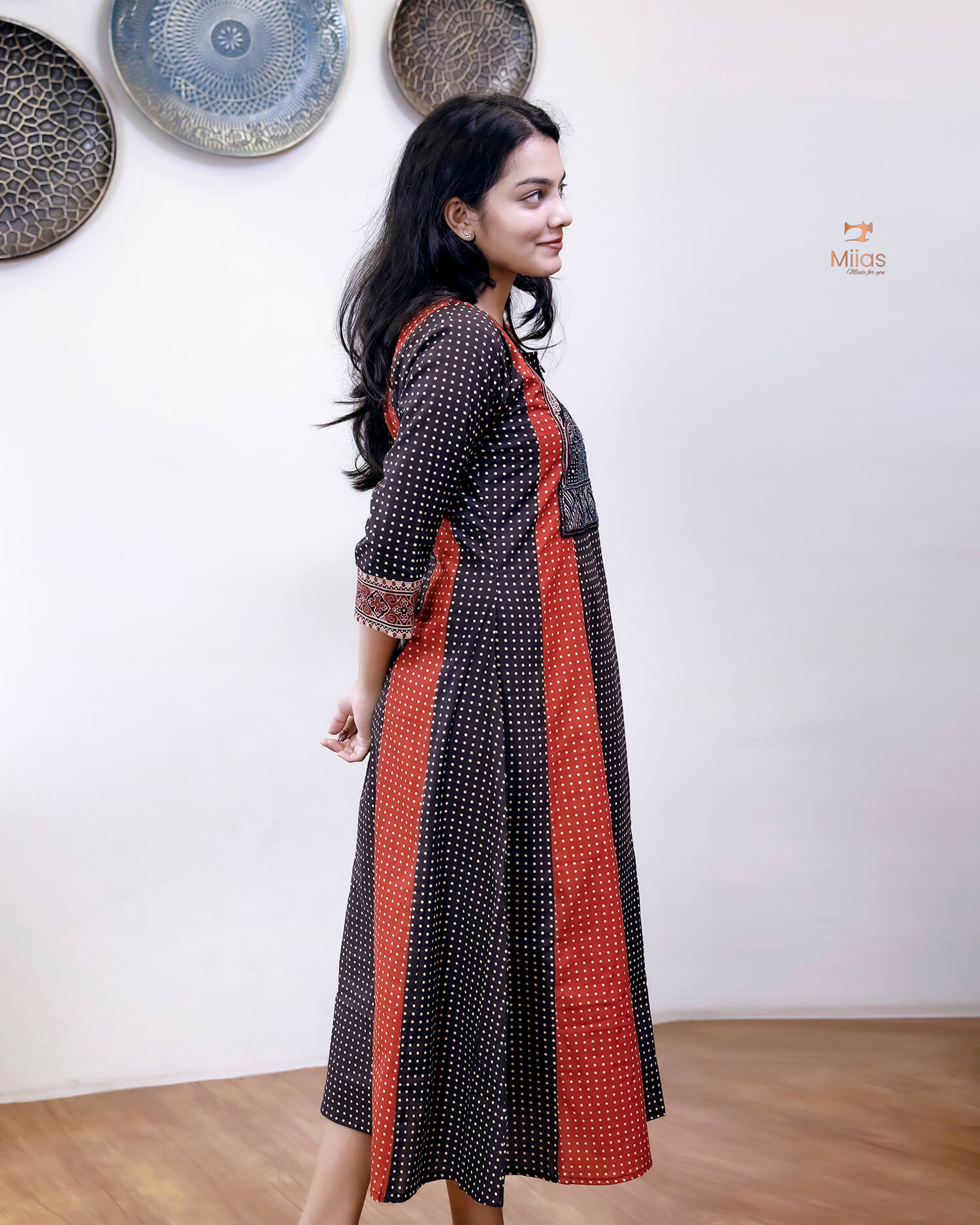 Cotton Panel Kurti | Ajrakh Patches & Beadwork | Black