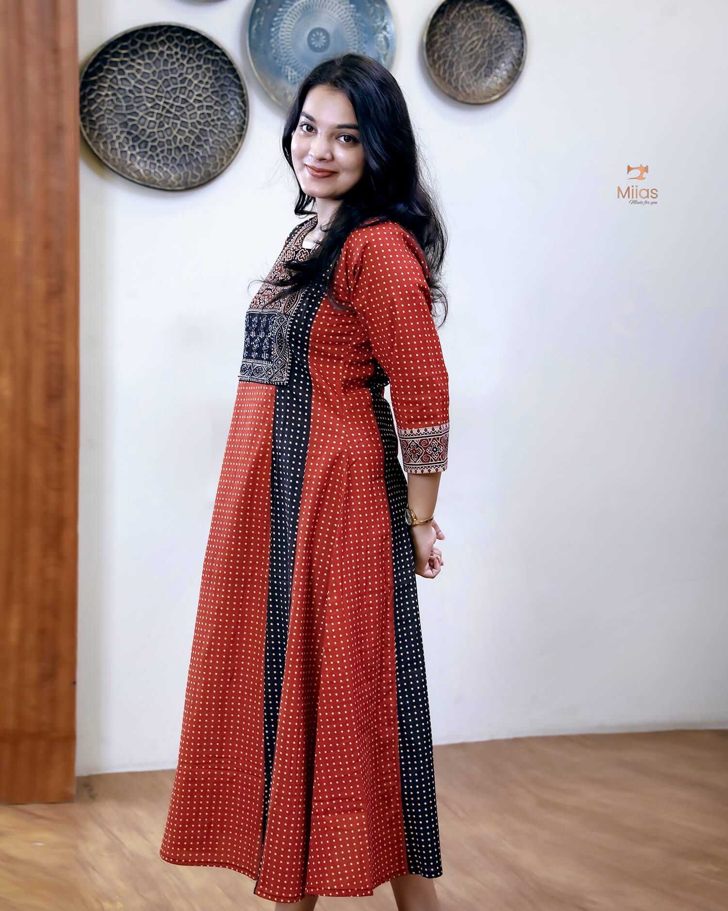 Cotton Panel Kurti | Ajrakh Patches & Beadwork | Brick Red