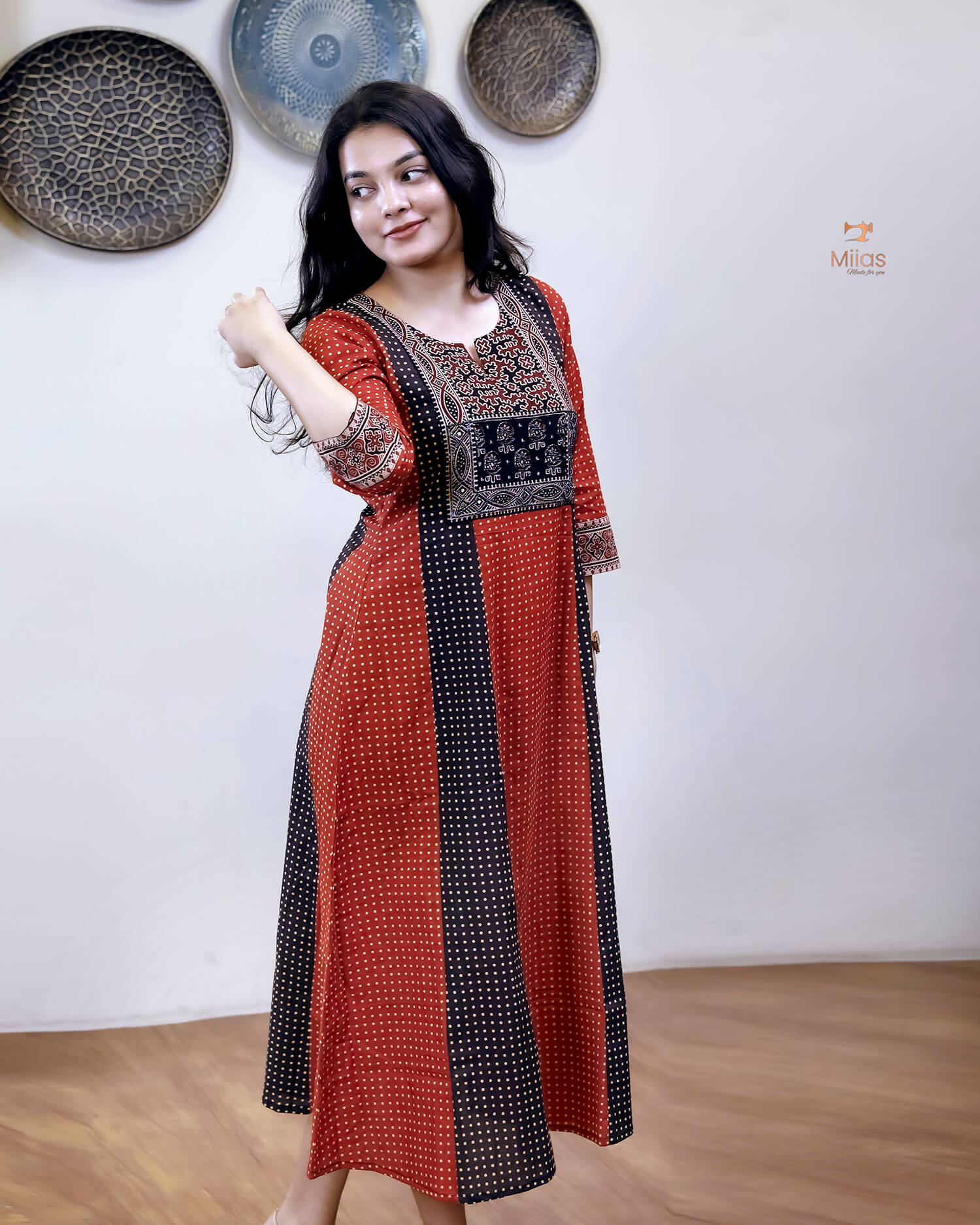 Cotton Panel Kurti | Ajrakh Patches & Beadwork | Brick Red