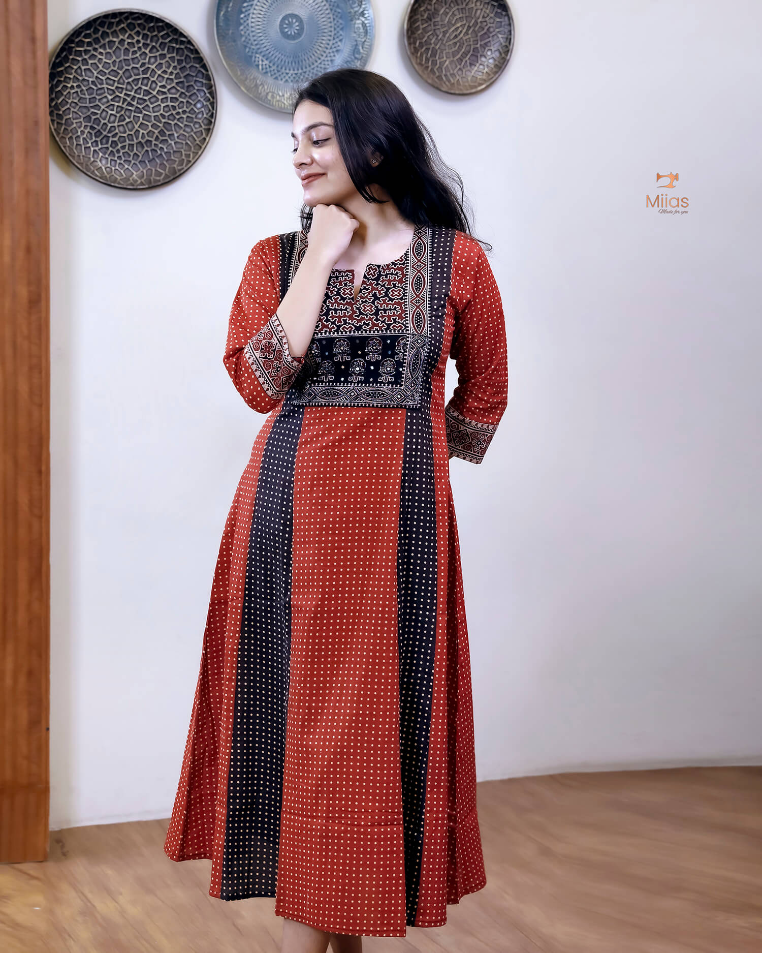 Cotton Panel Kurti | Ajrakh Patches & Beadwork | Brick Red