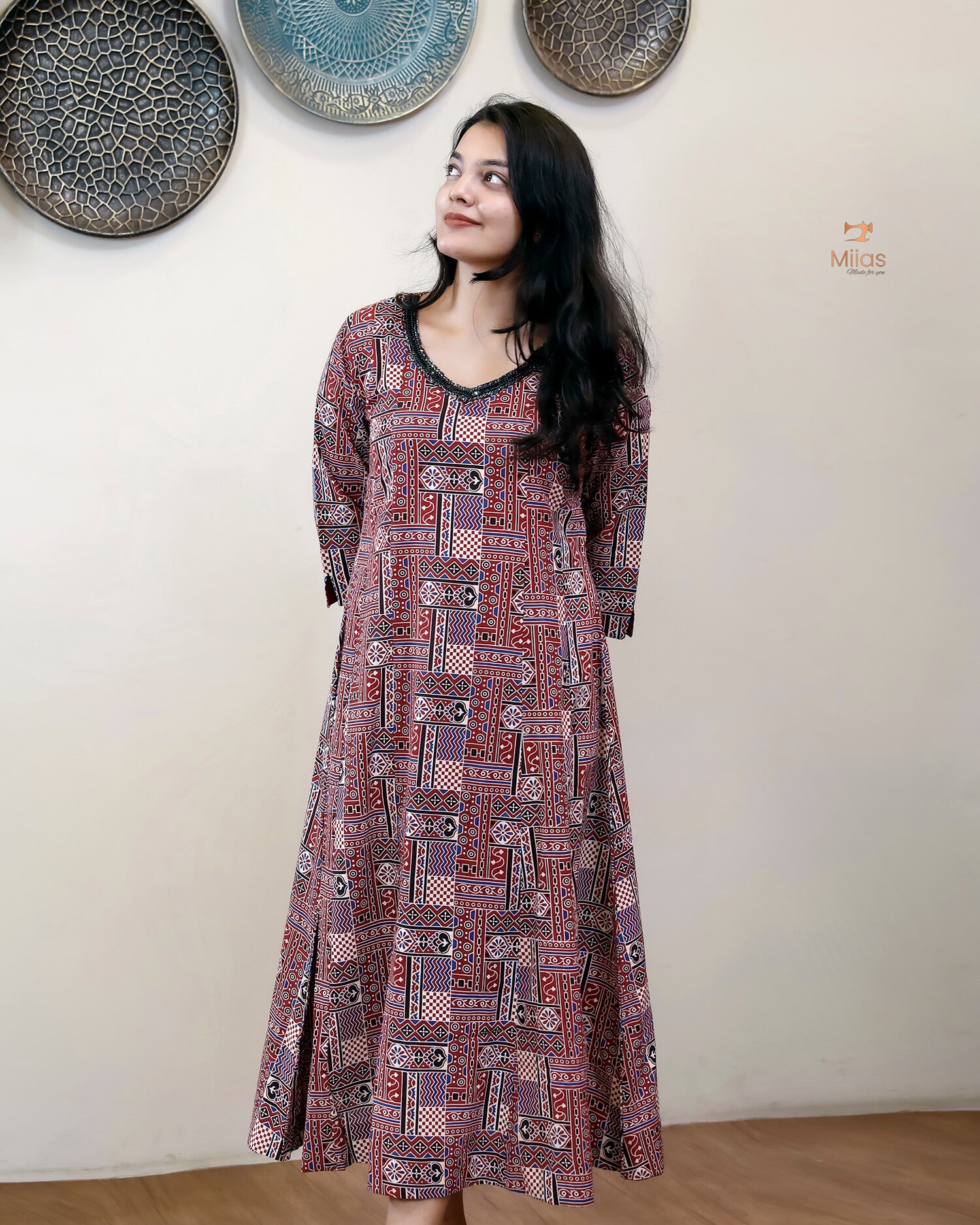 Cotton Ajrakh Kurti | Embroidered | Panel Cut | Red