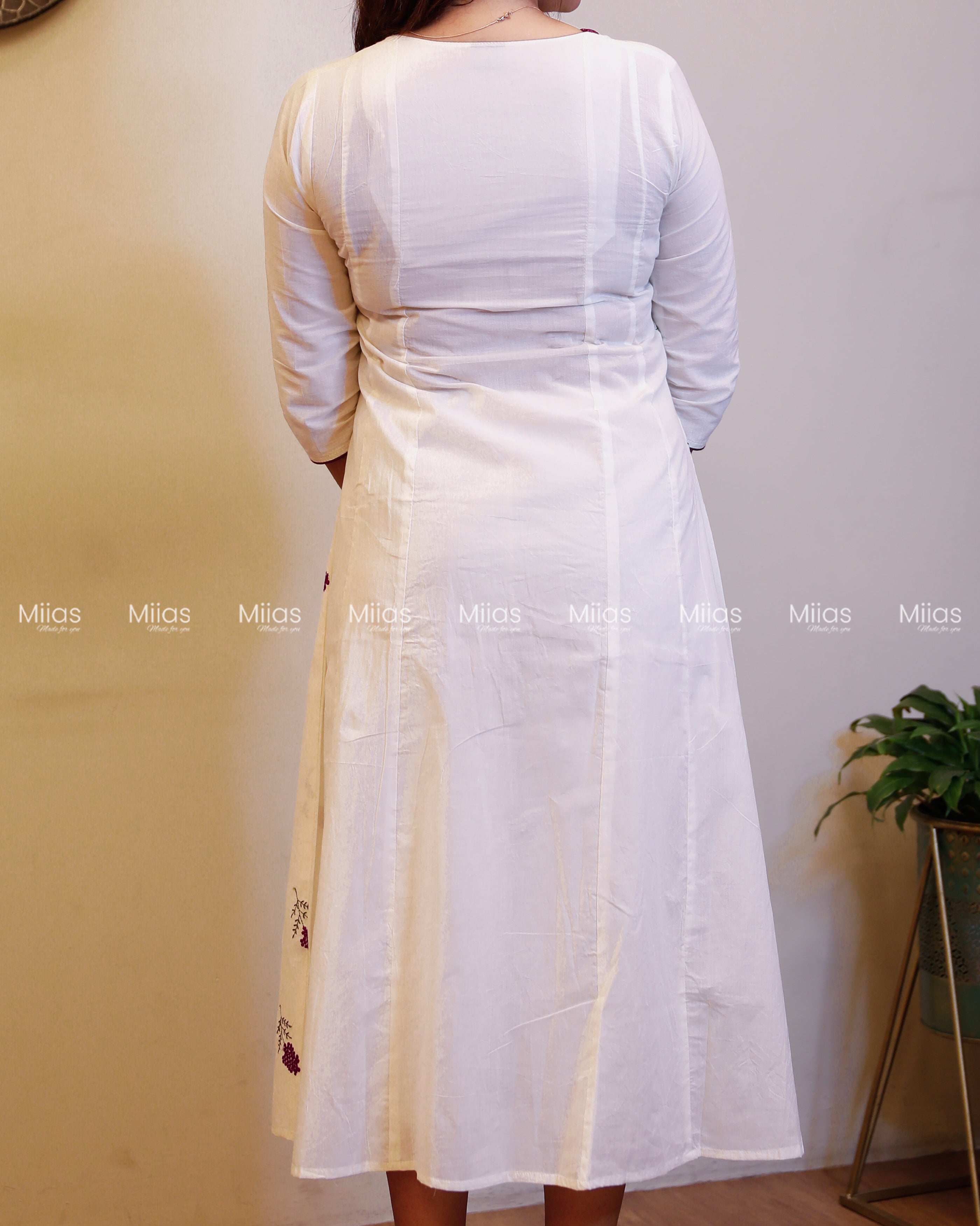 Kora Cotton 5-Panel Kurti | Embroidered + Contrast Piping | Off-white with Purple