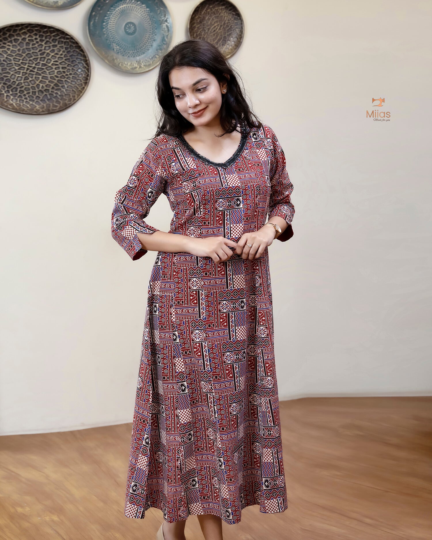 Cotton Ajrakh Kurti | Embroidered | Panel Cut | Red
