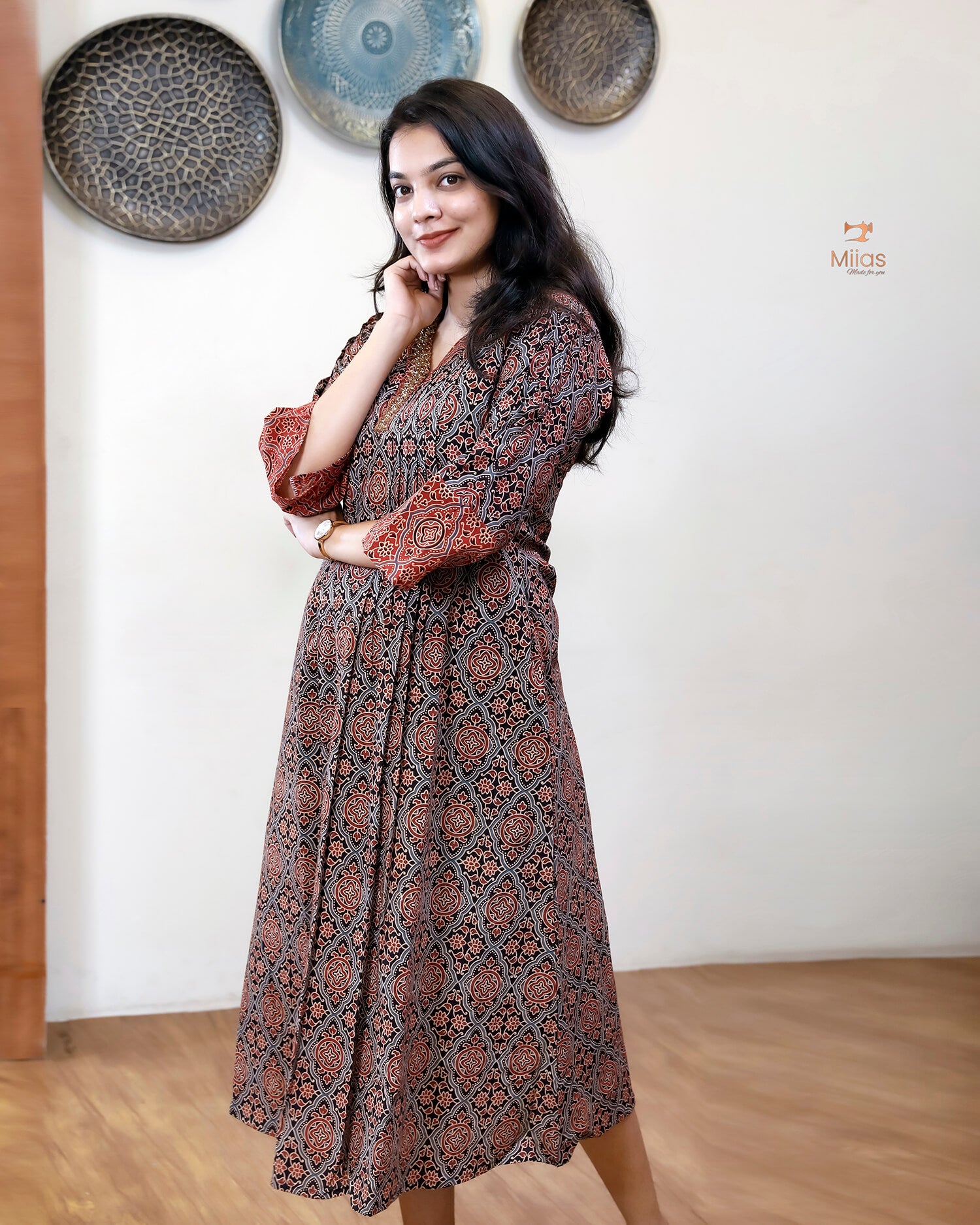 Ajrakh Cotton A-Line Kurti | Overlap Collar | Brick Red