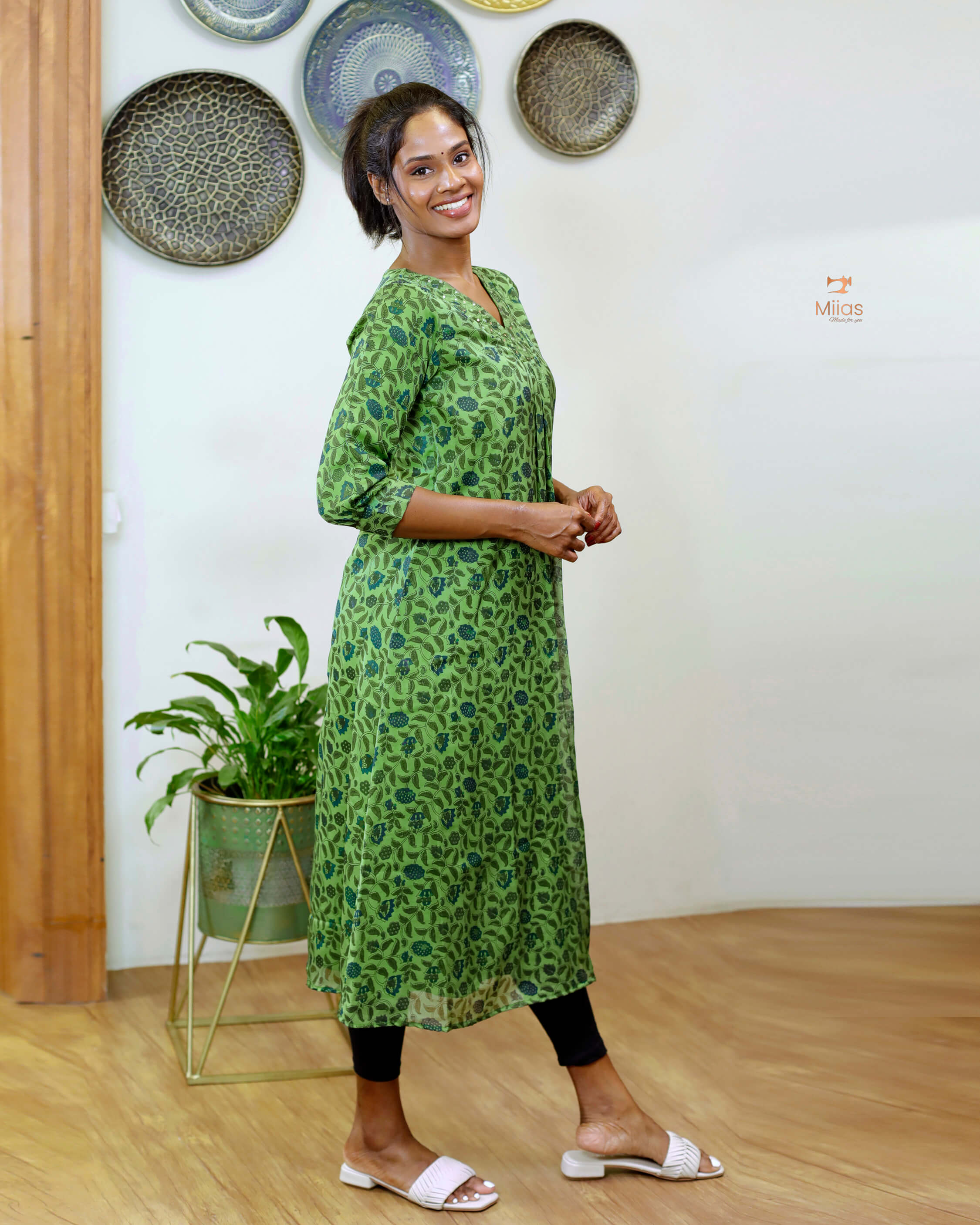 Hand-blocked Kalamkari printed dress kurti in viscose organza