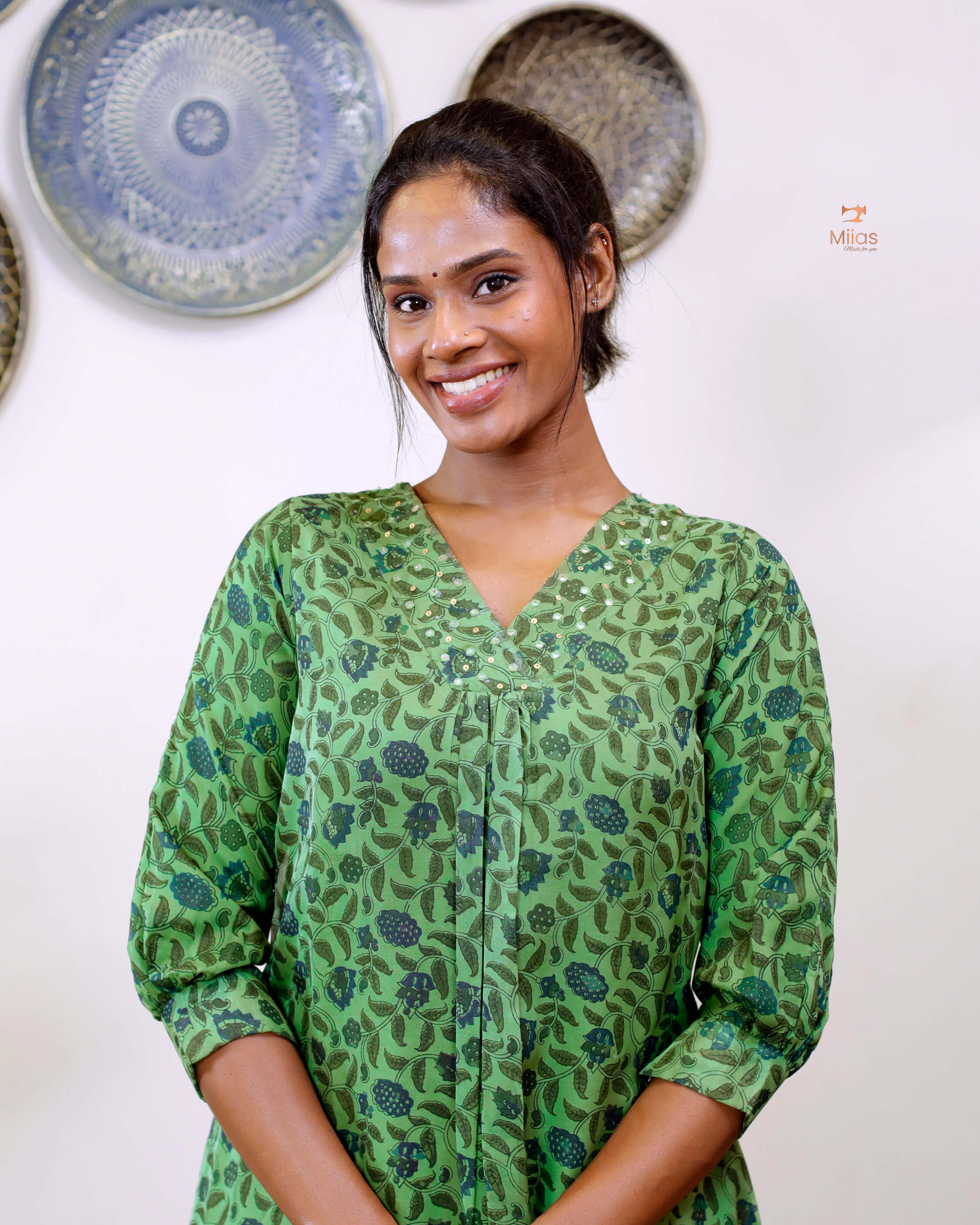 Hand-blocked Kalamkari printed dress kurti in viscose organza