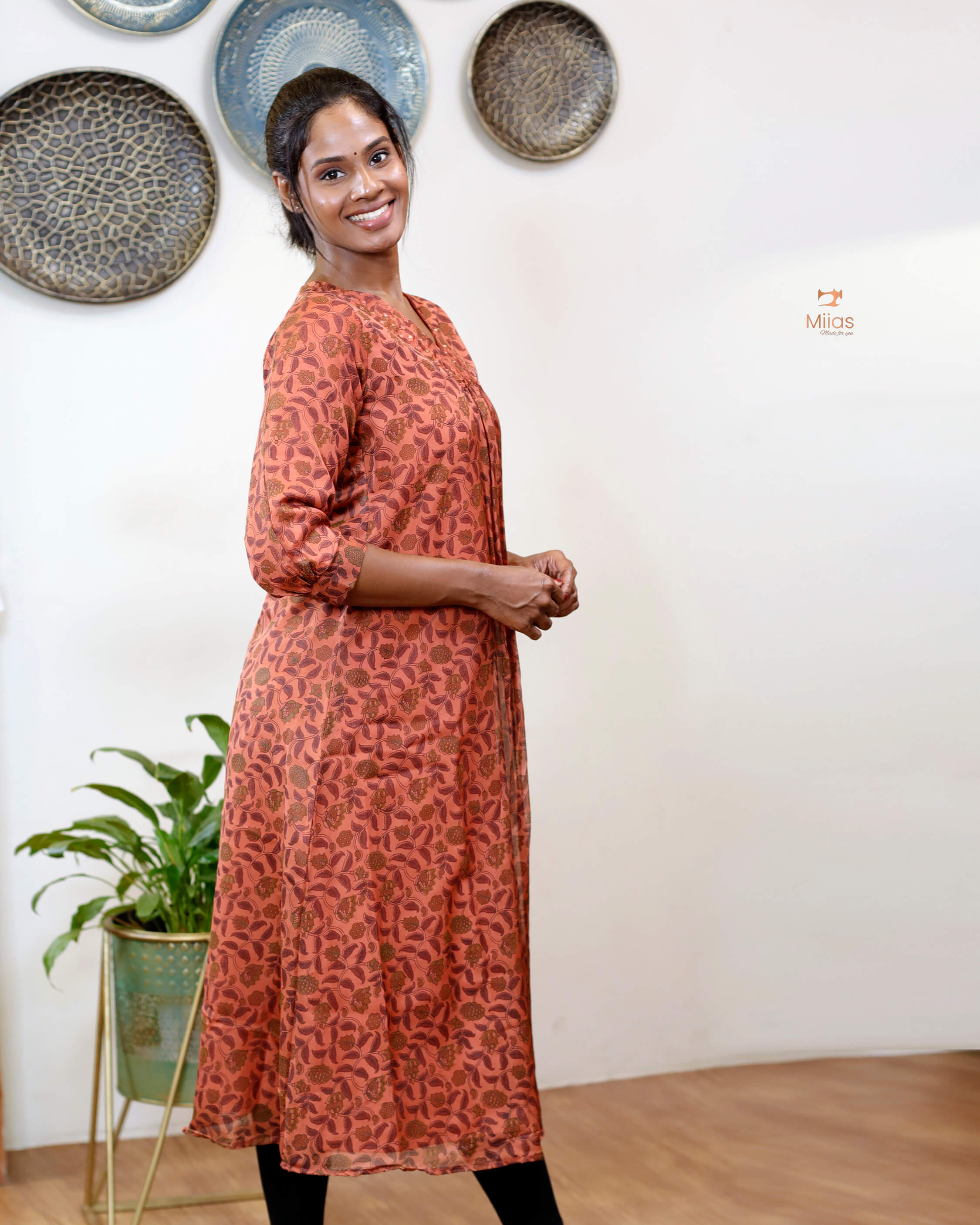 Hand-blocked Kalamkari printed dress kurti in viscose organza