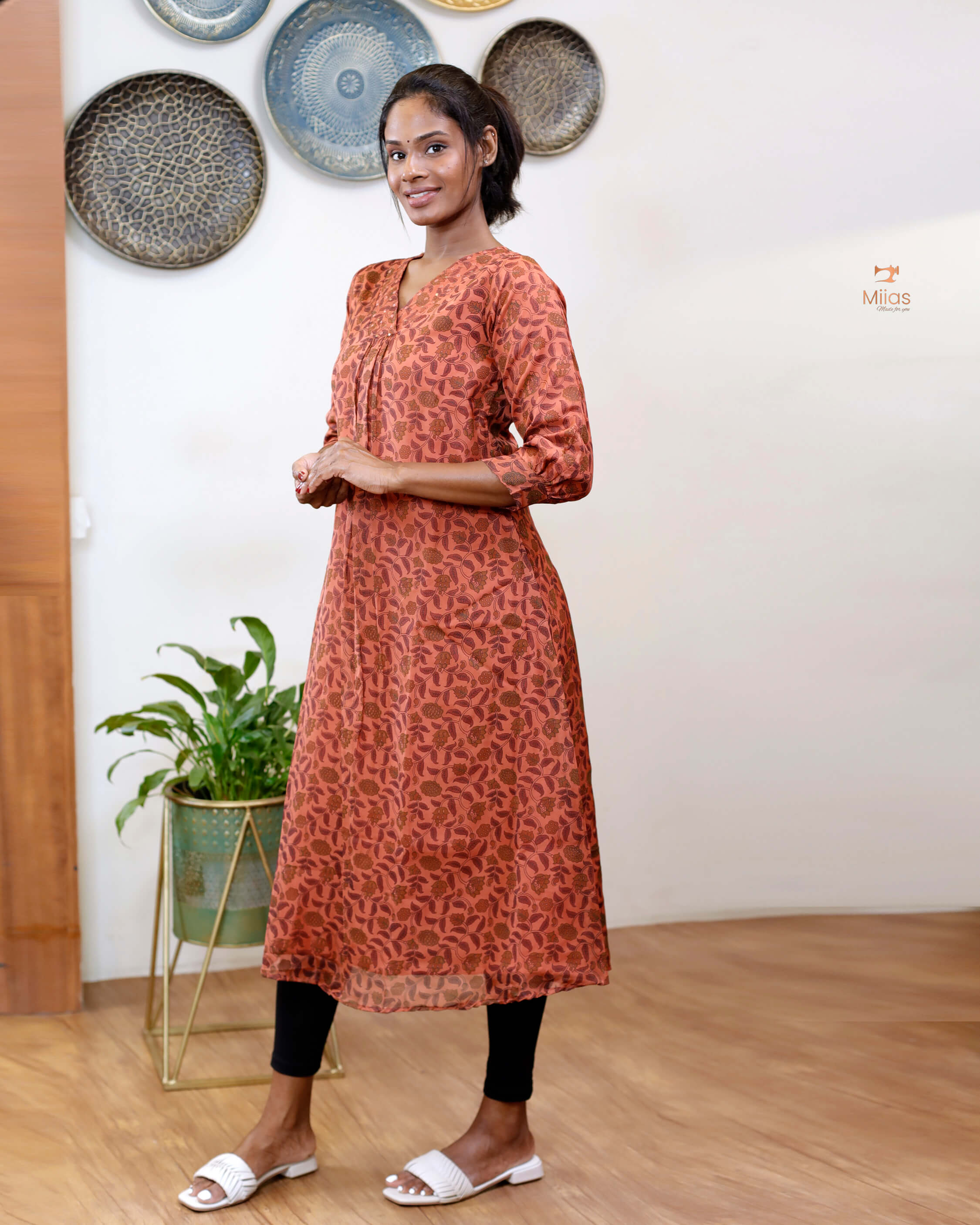 Hand-blocked Kalamkari printed dress kurti in viscose organza