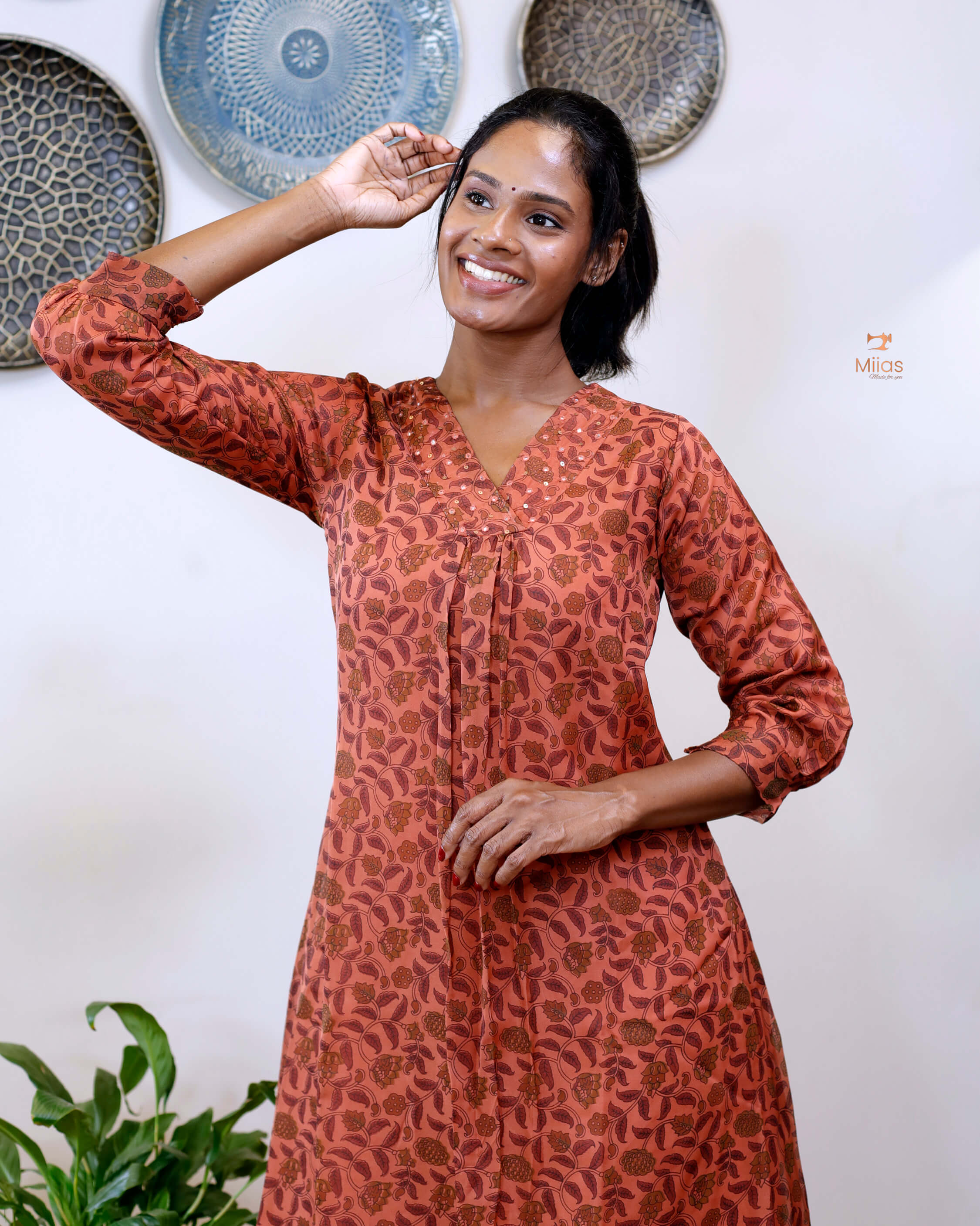 Hand-blocked Kalamkari printed dress kurti in viscose organza