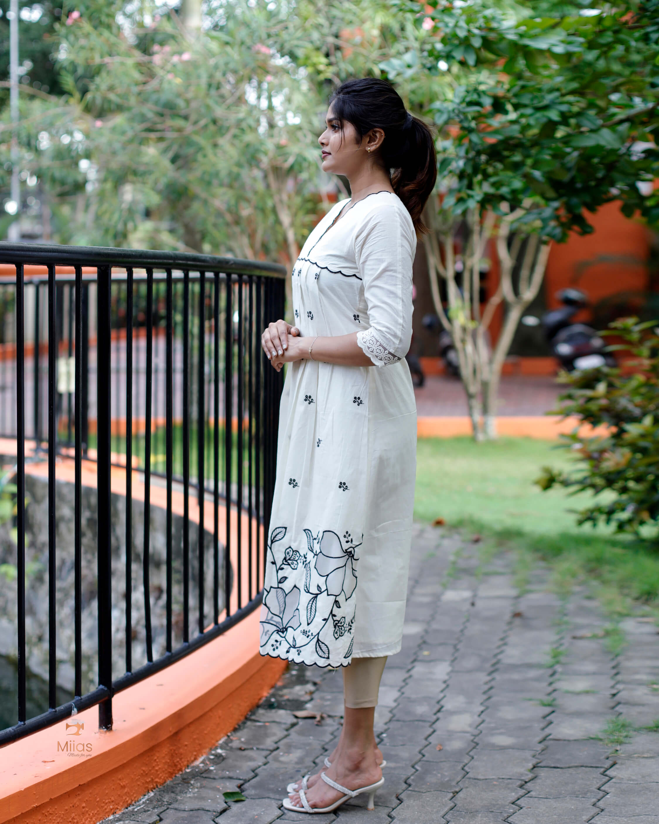 Kora Cotton Dress Kurti with Thread Embroidery and Scallops