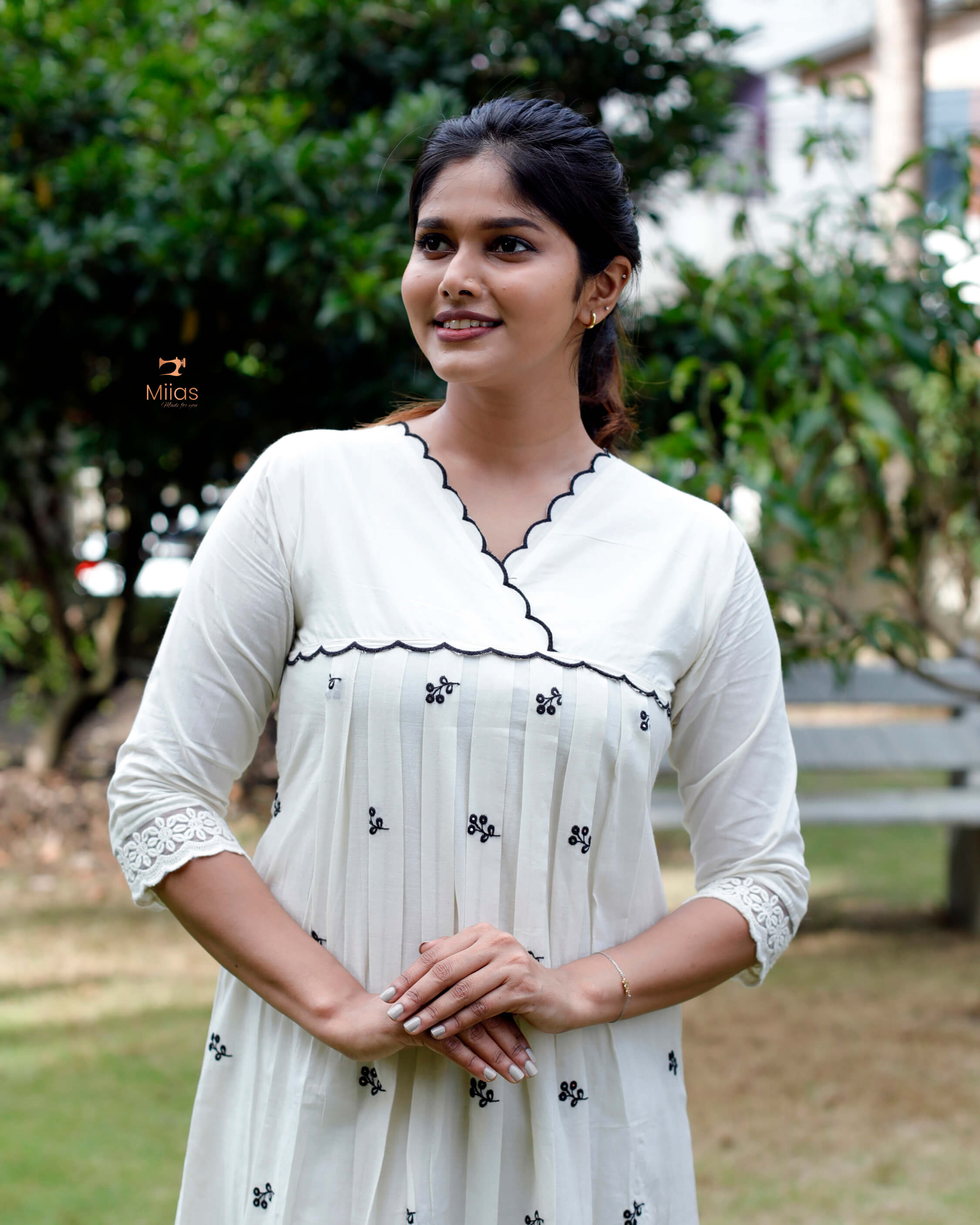 Kora Cotton Dress Kurti with Thread Embroidery and Scallops