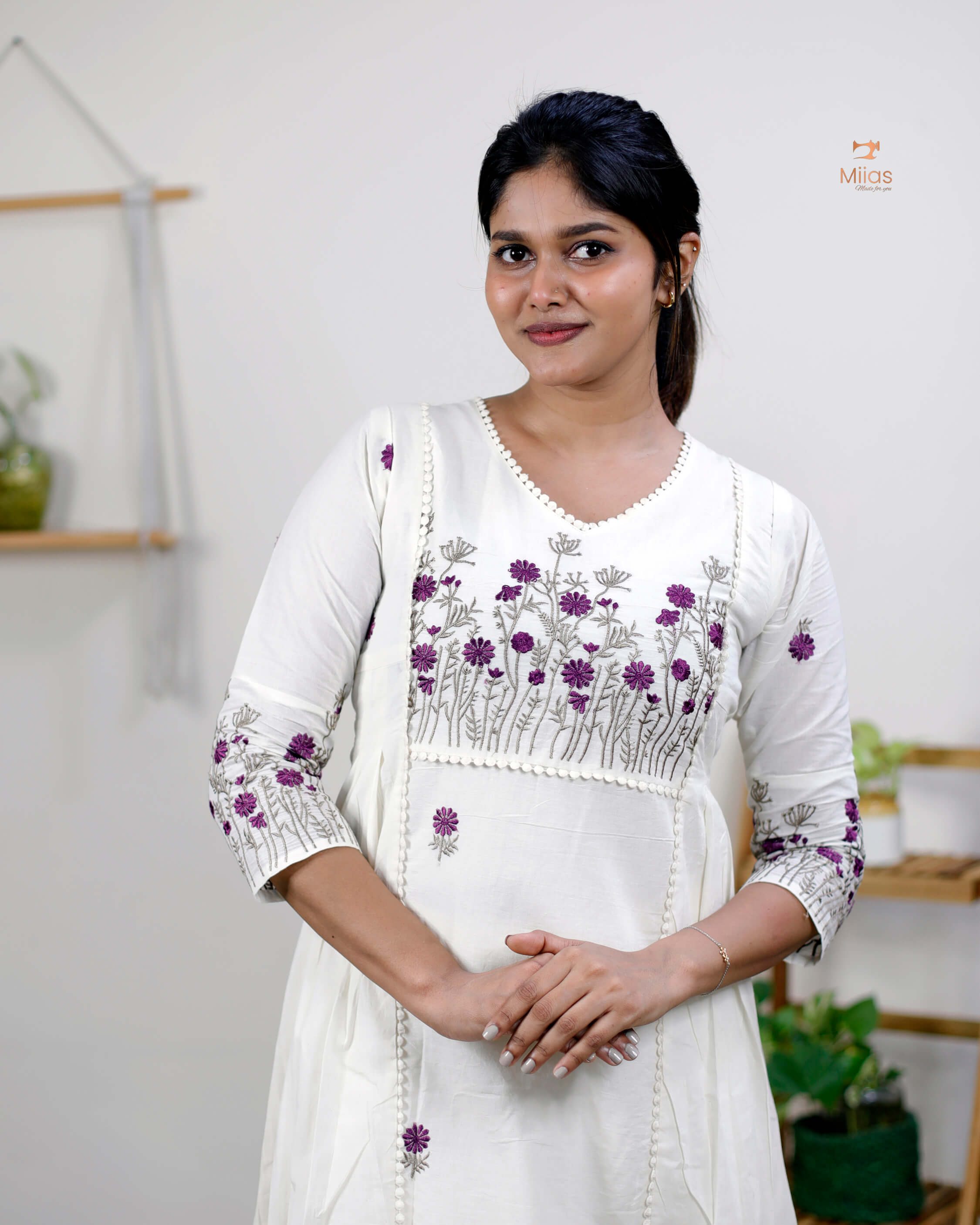 Three-Panel Dress Kurti with Embroidery in Kora Cotton
