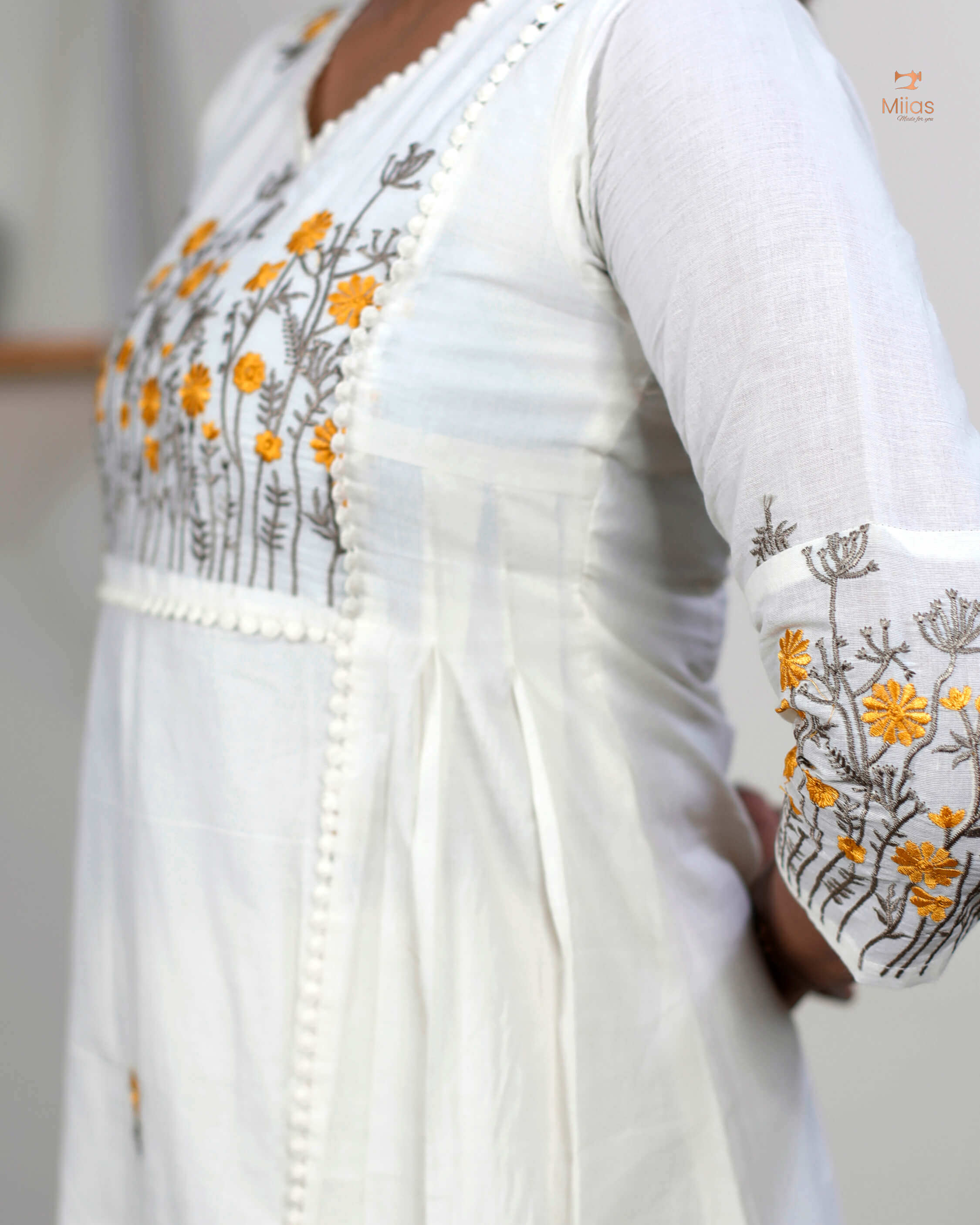 Three-Panel Dress Kurti with Embroidery in Kora Cotton