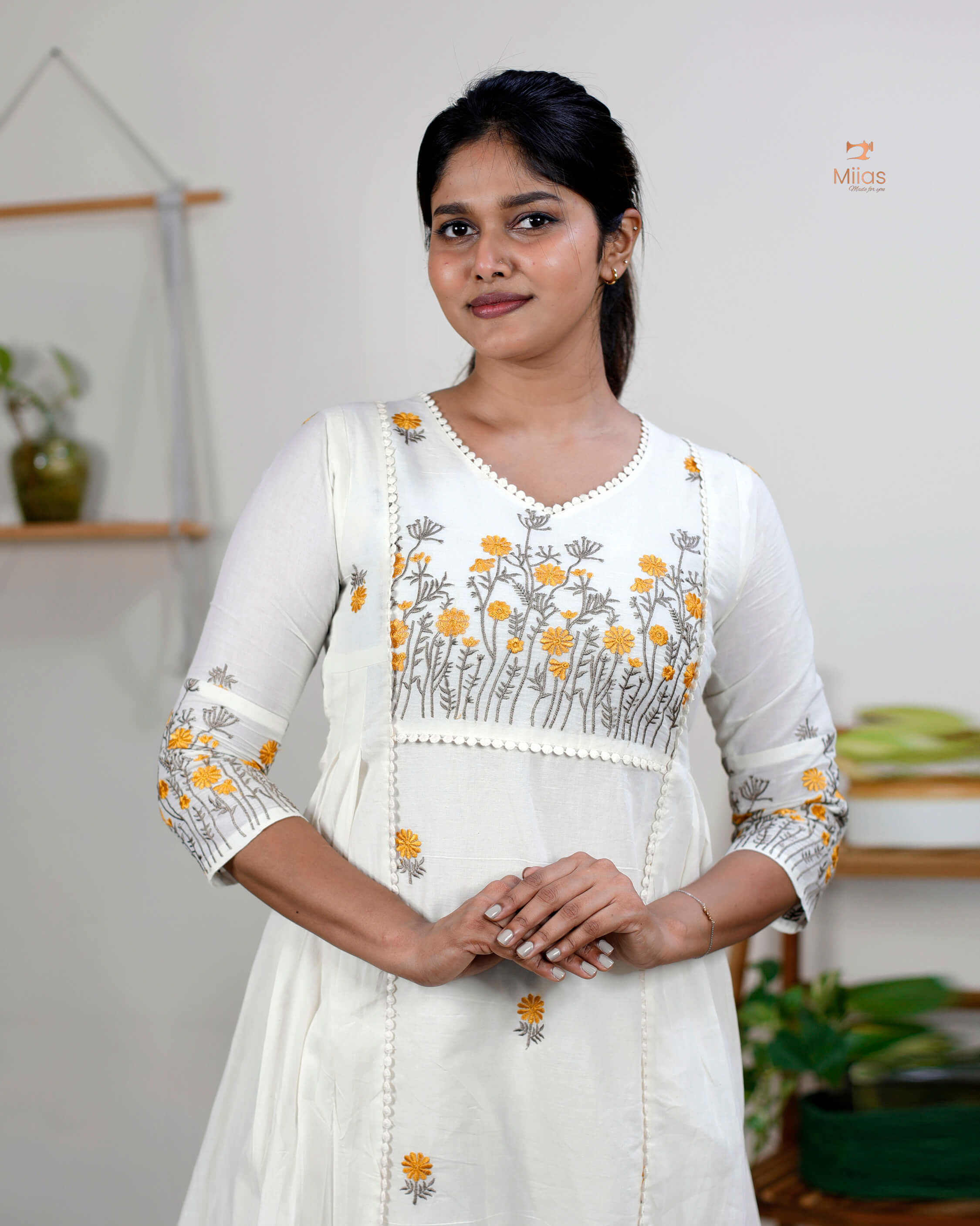 Three-Panel Dress Kurti with Embroidery in Kora Cotton