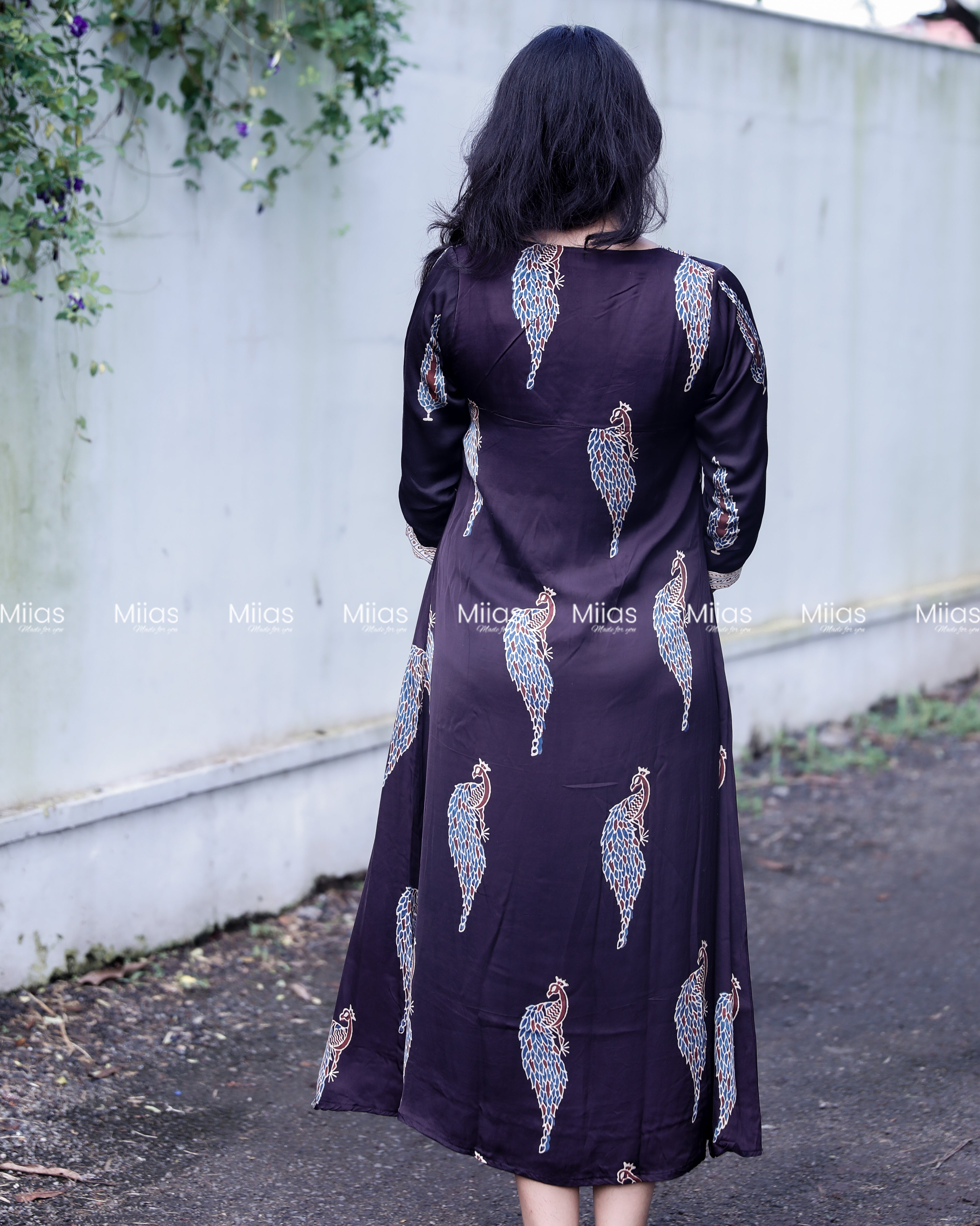 Modal Silk A-Line Dress Kurti | V-Neck + Mirror Border | Black