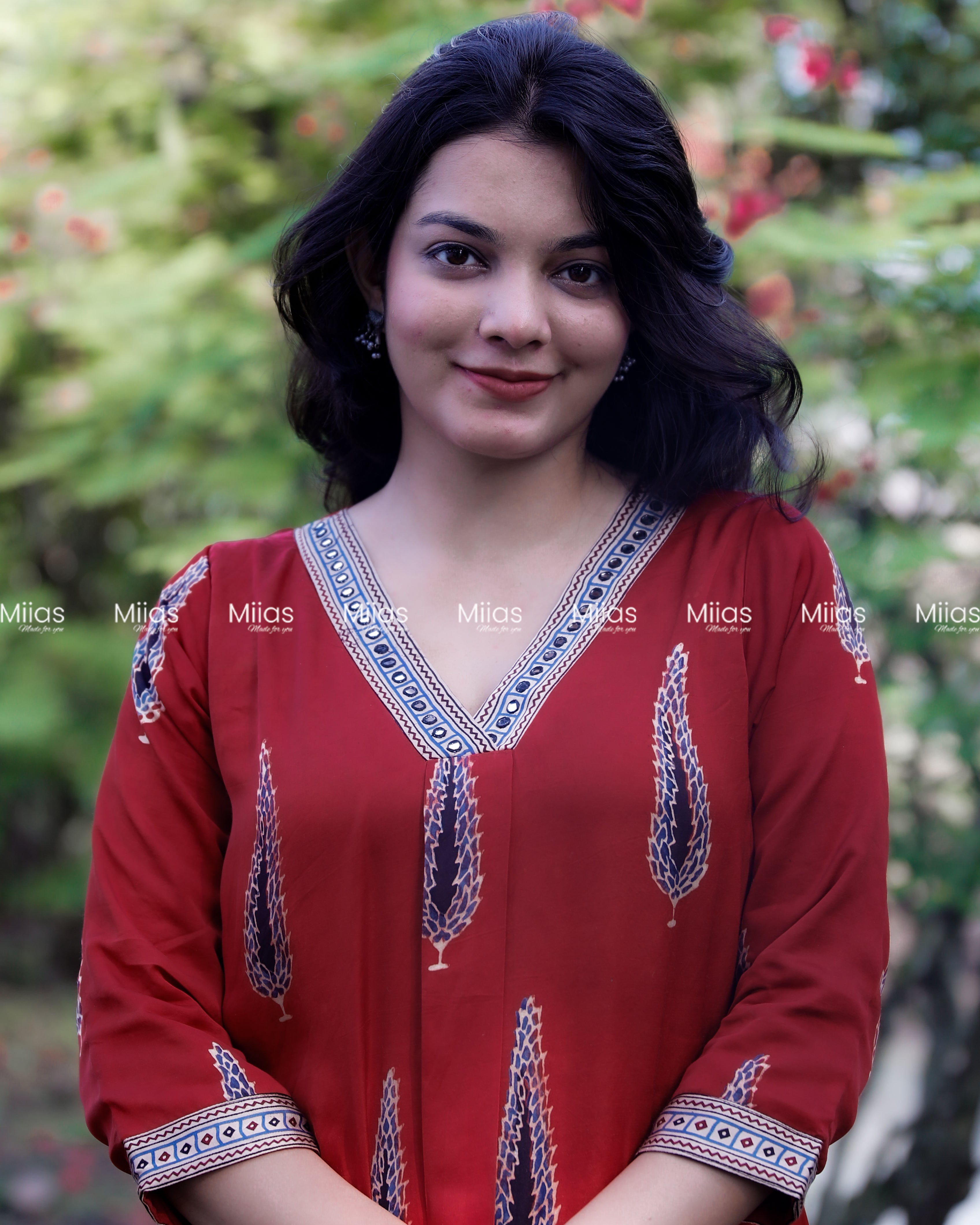 Modal Silk A-Line Dress Kurti | V-Neck + Mirror Border | Red