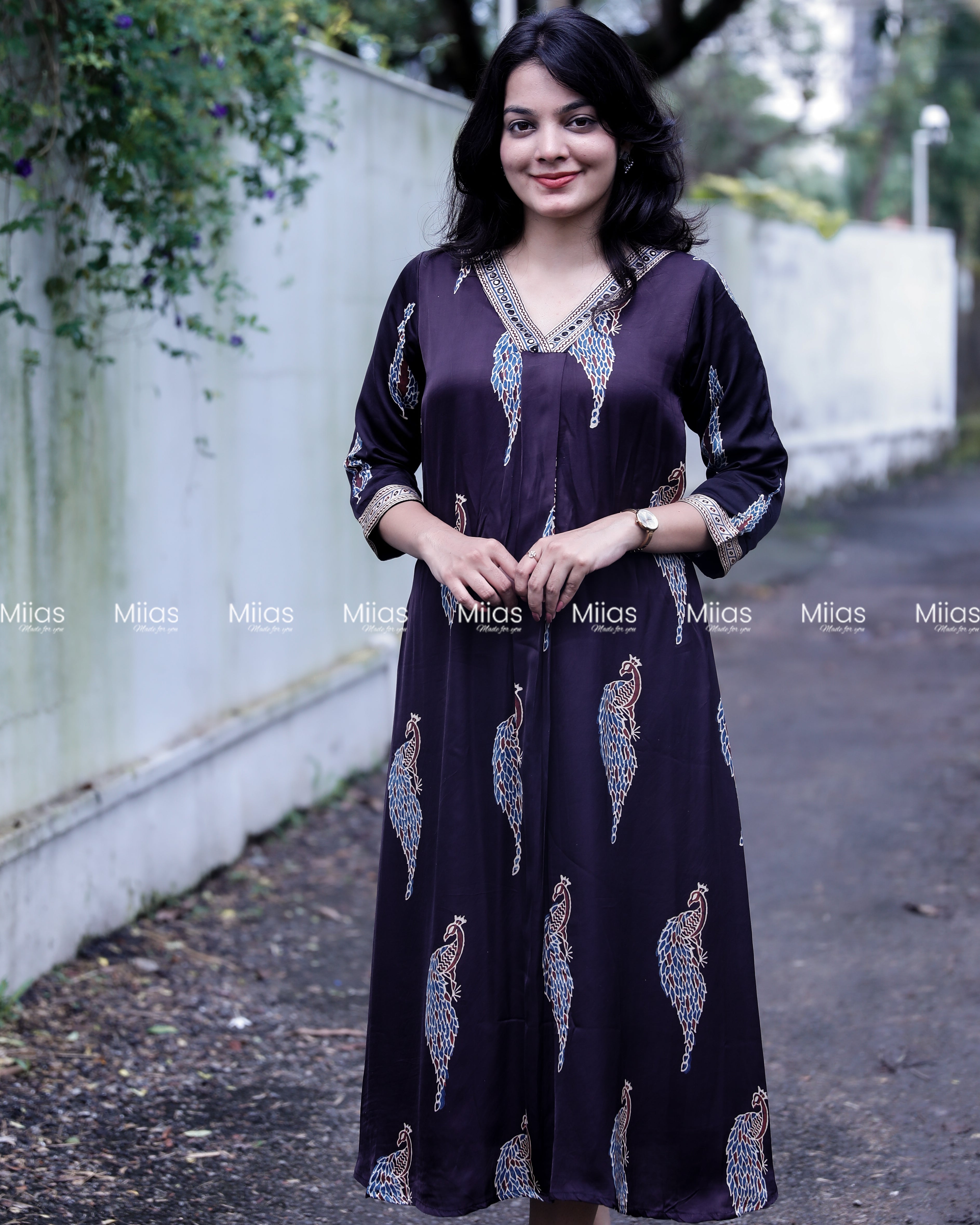 Modal Silk A-Line Dress Kurti | V-Neck + Mirror Border | Black