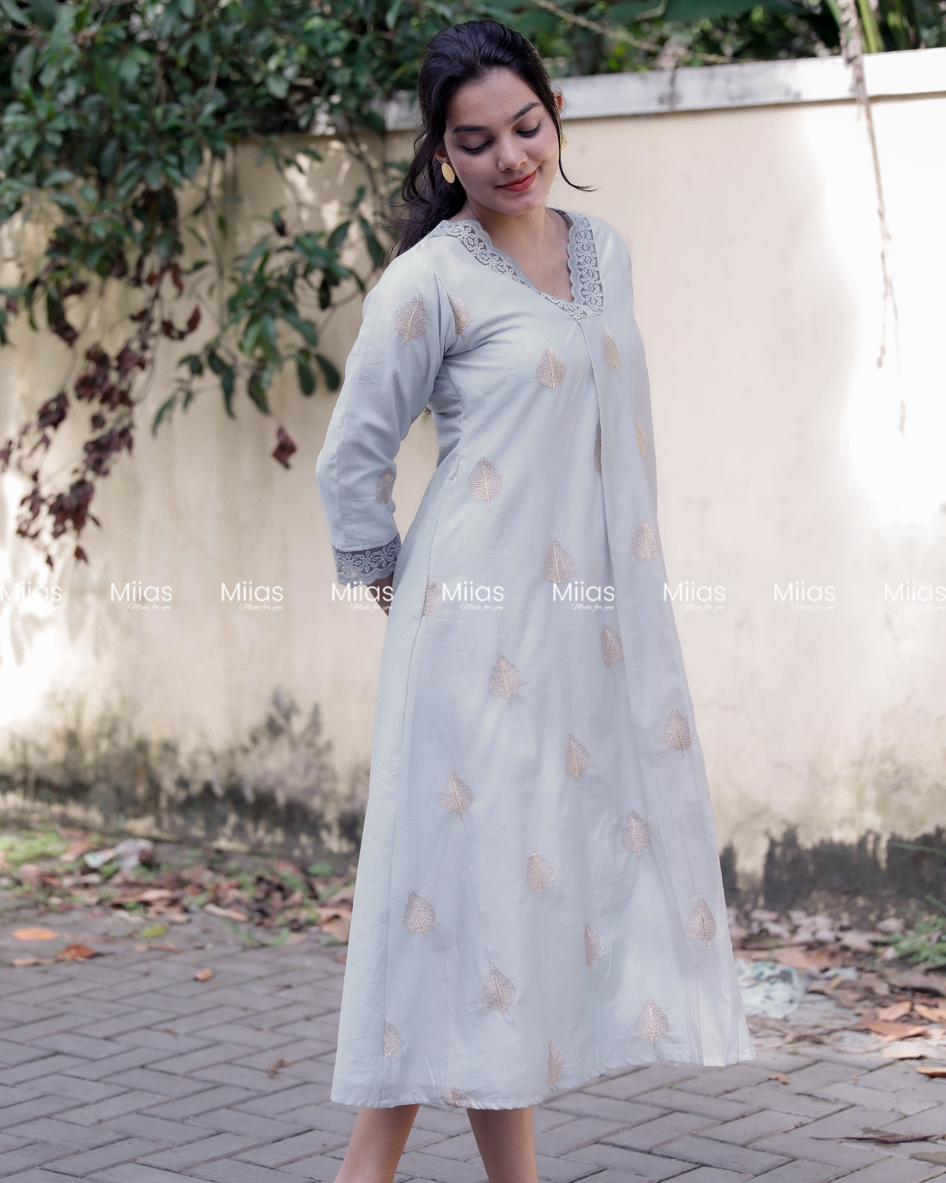 Mul Chanderi Dress Kurti | Zari V-Neck + Lace + A-Line | Pastel Blue