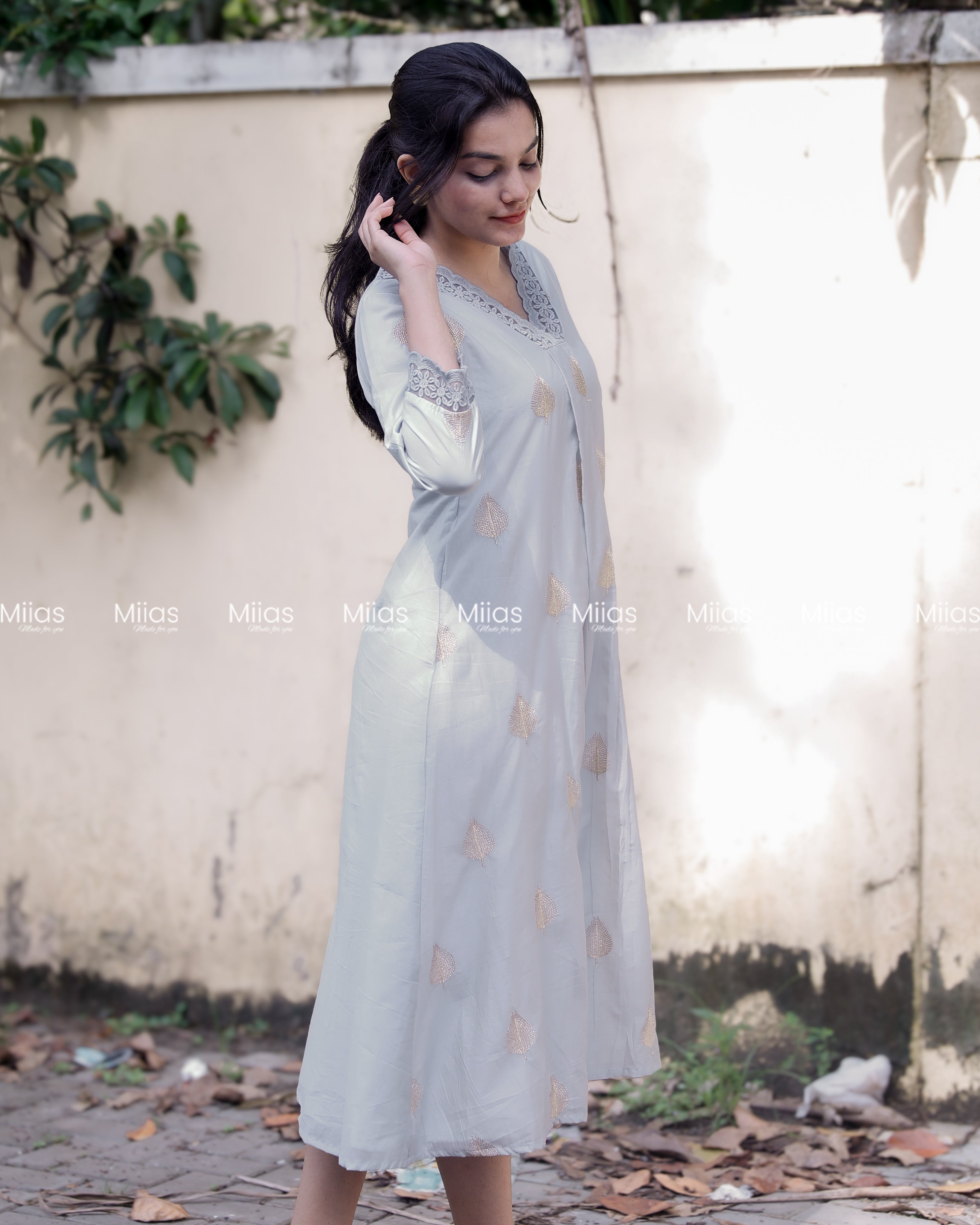 Mul Chanderi Dress Kurti | Zari V-Neck + Lace + A-Line | Pastel Blue