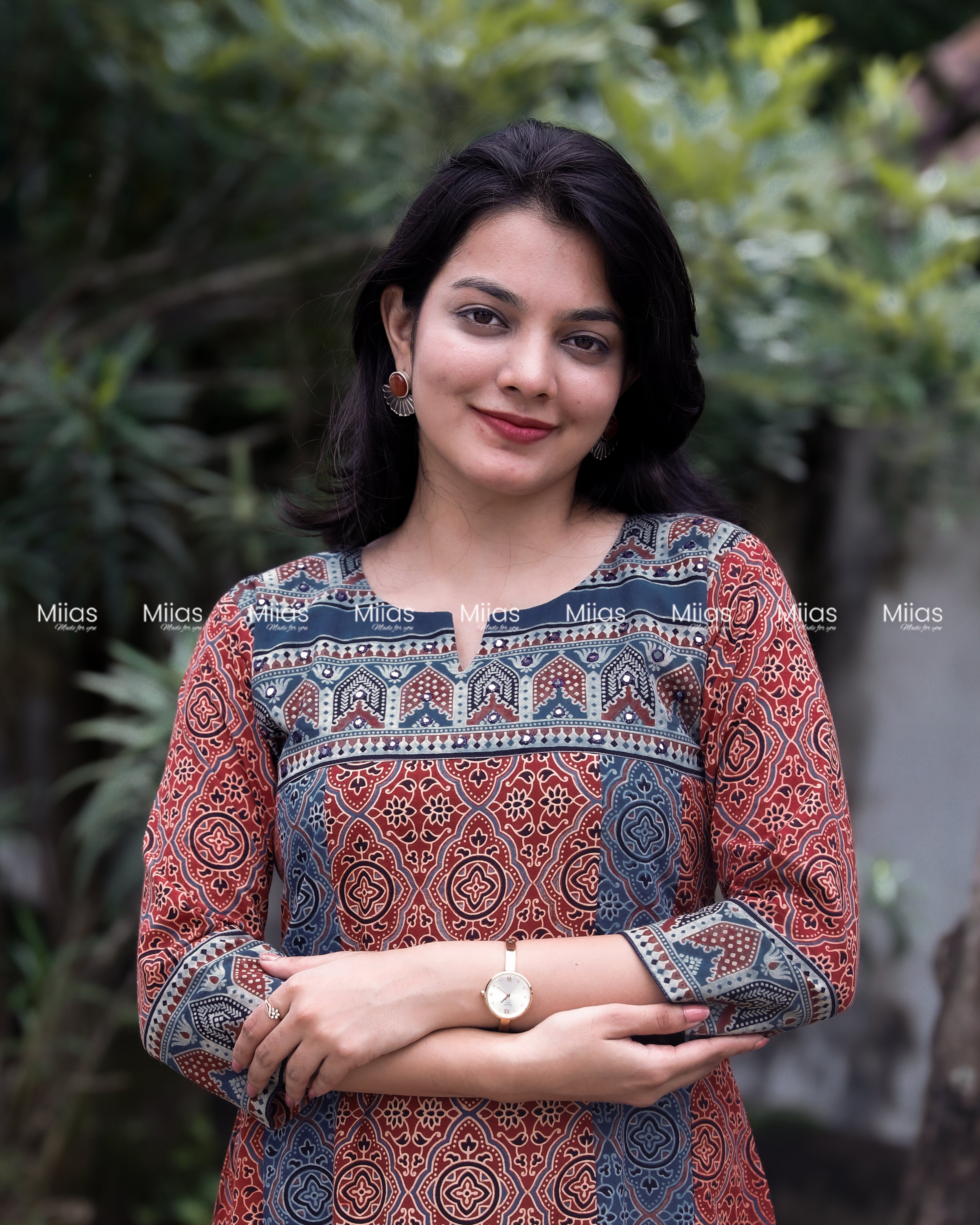 Ajrakh 5-Panel Dress Kurti | Mirror Yoke | Brick Red