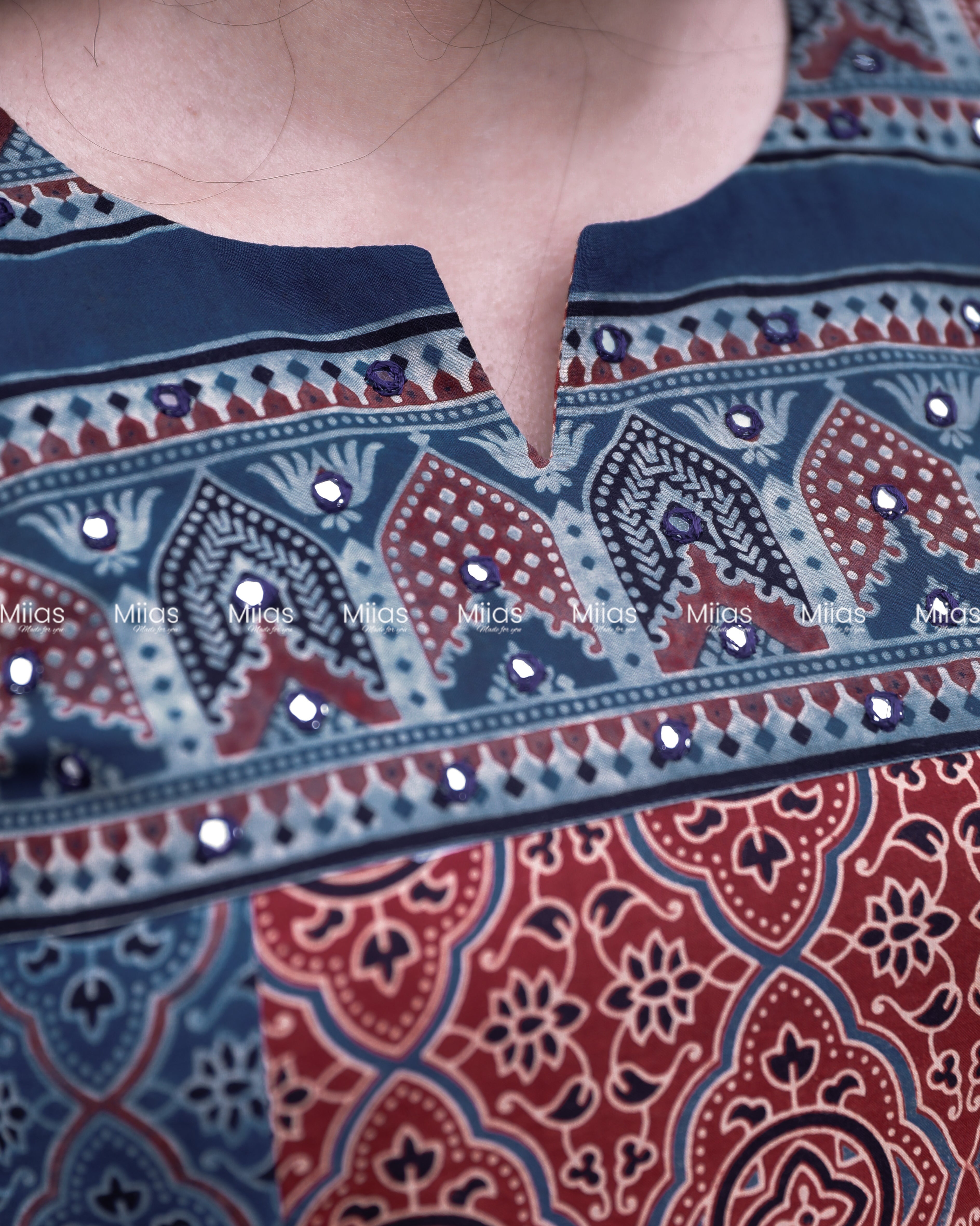 Ajrakh 5-Panel Dress Kurti | Mirror Yoke | Brick Red
