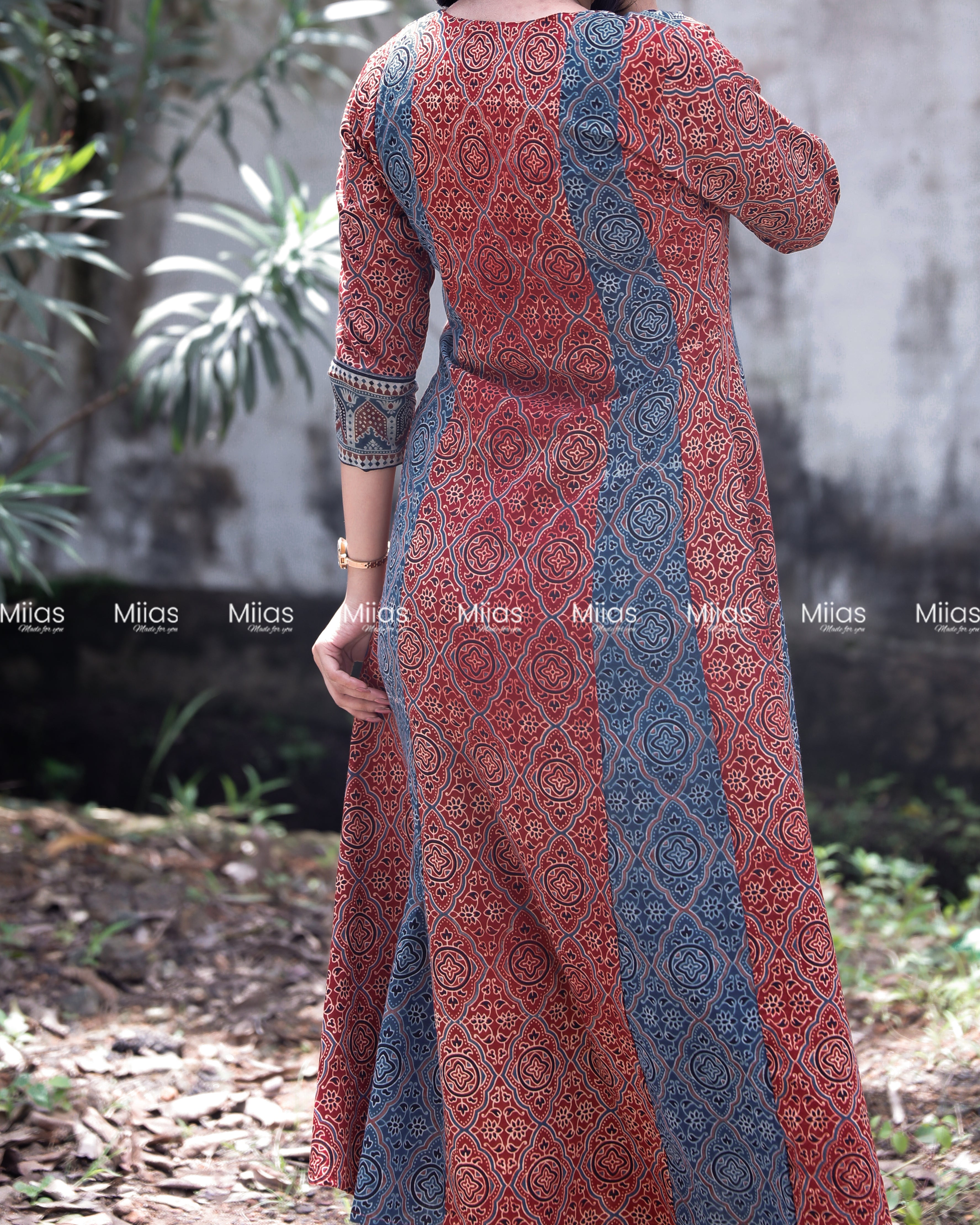 Ajrakh 5-Panel Dress Kurti | Mirror Yoke | Brick Red