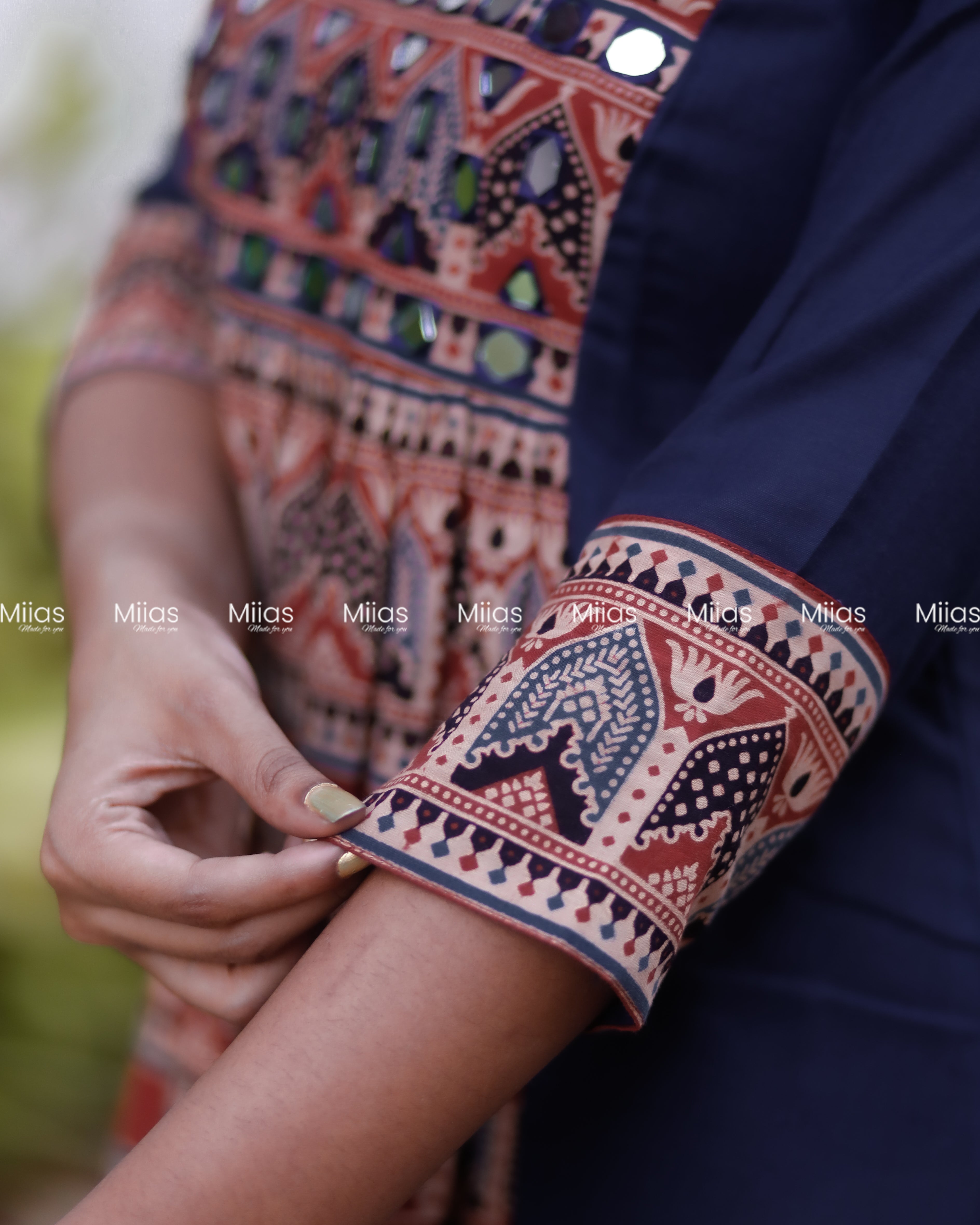Cotton 3-Panel Dress Kurti | Ajrakh Print + Mirror Yoke | Blue with Red