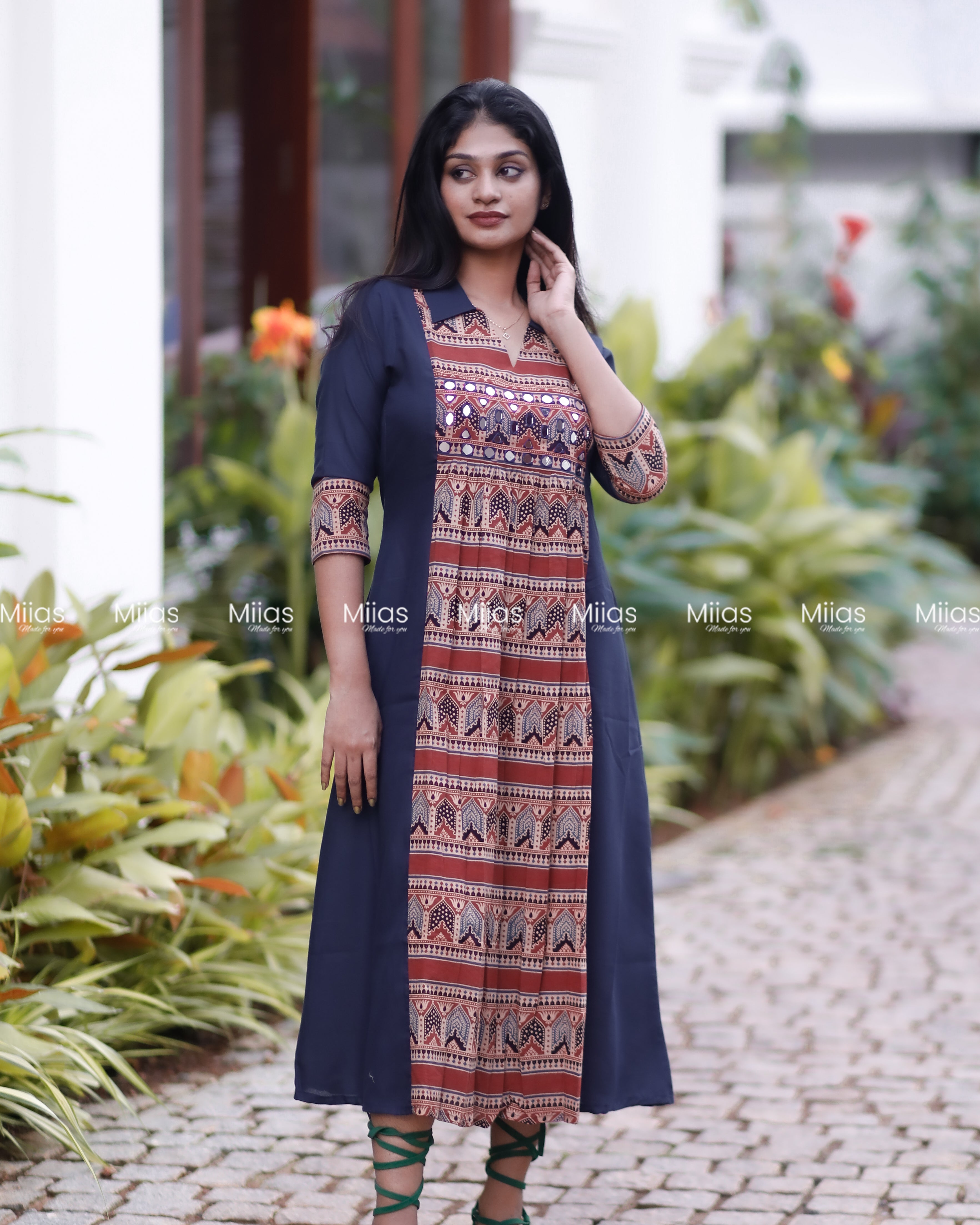 Cotton 3-Panel Dress Kurti | Ajrakh Print + Mirror Yoke | Blue with Red