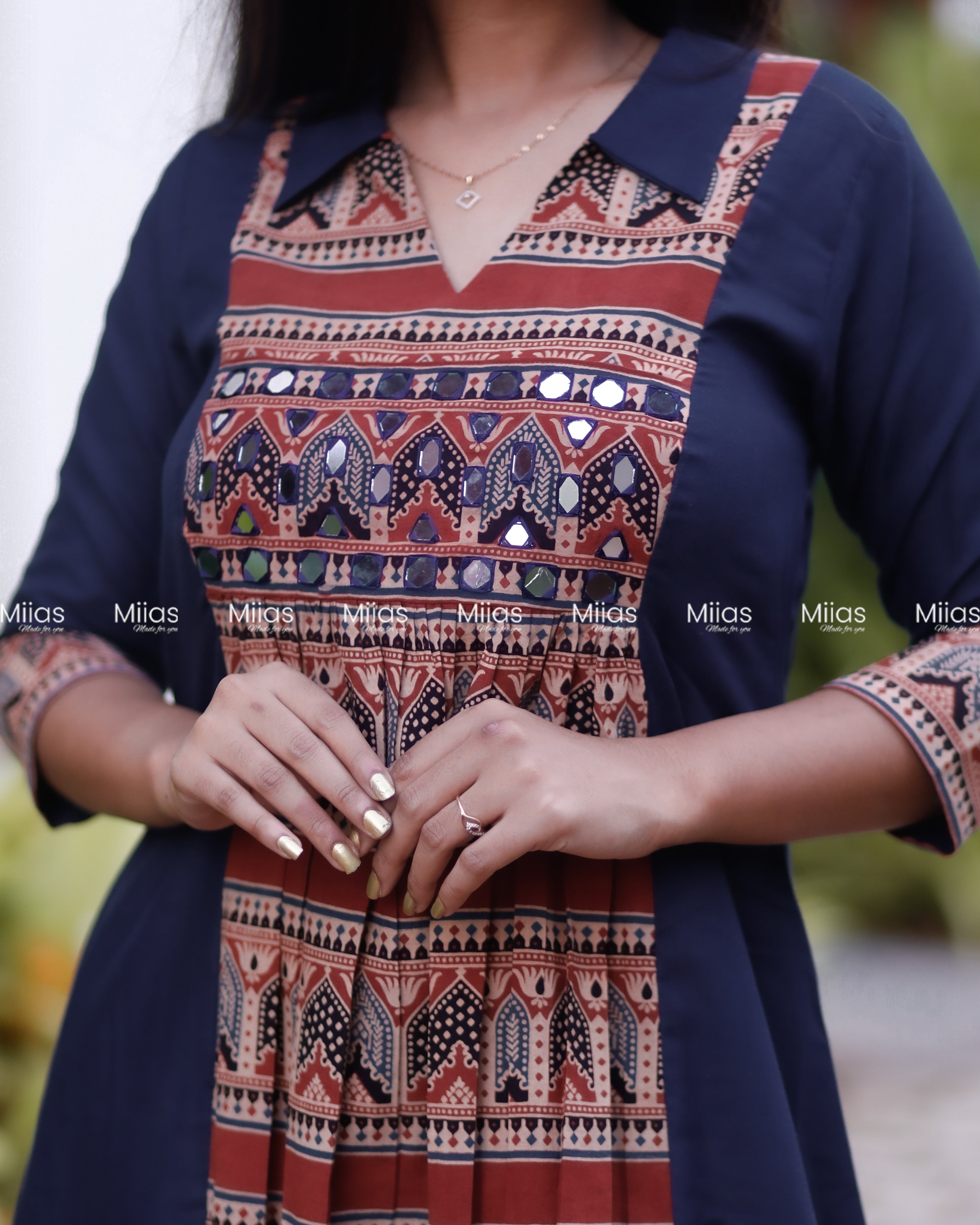 Cotton 3-Panel Dress Kurti | Ajrakh Print + Mirror Yoke | Blue with Red