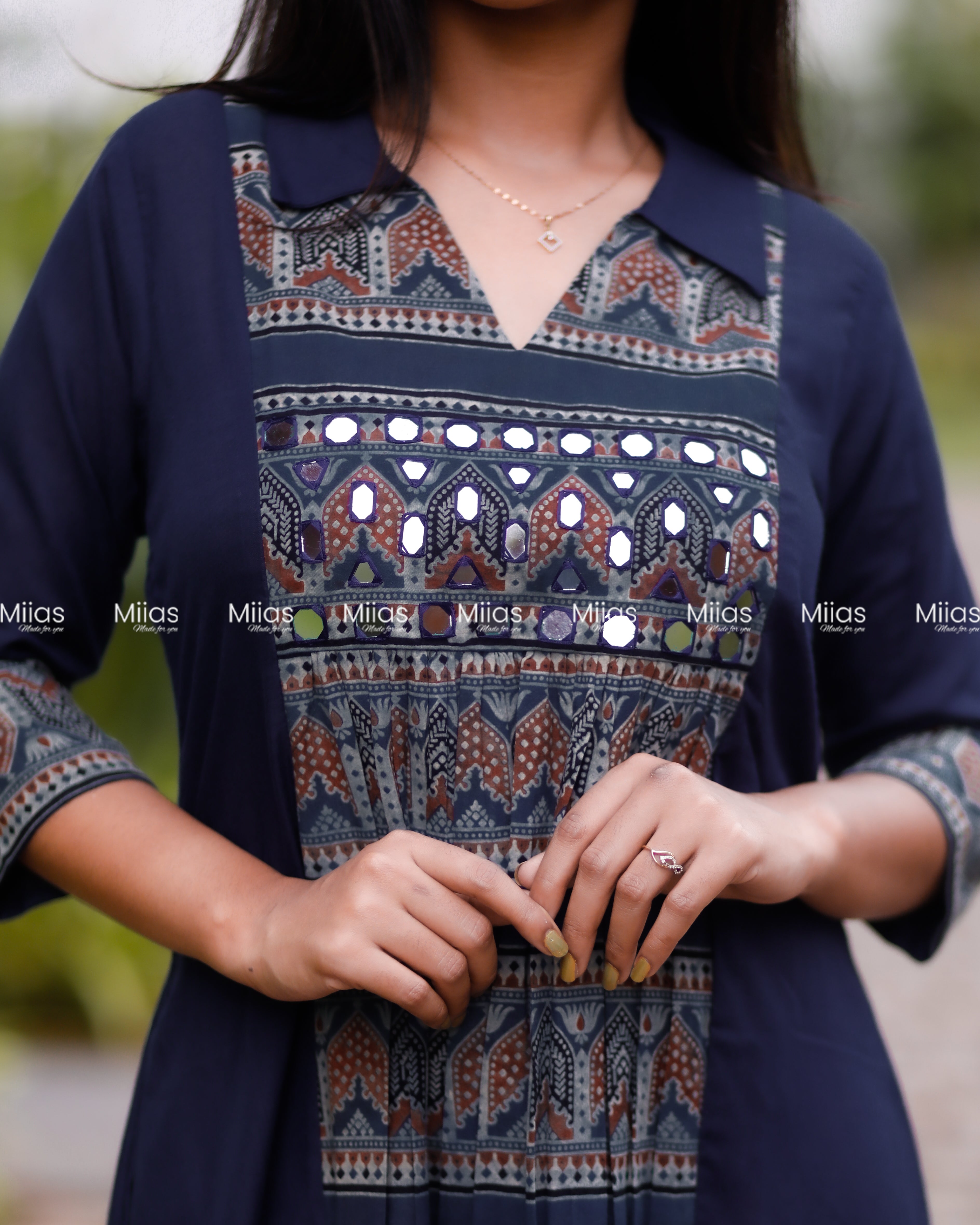 Cotton 3-Panel Dress Kurti | Ajrakh Print + Mirror Yoke | Blue