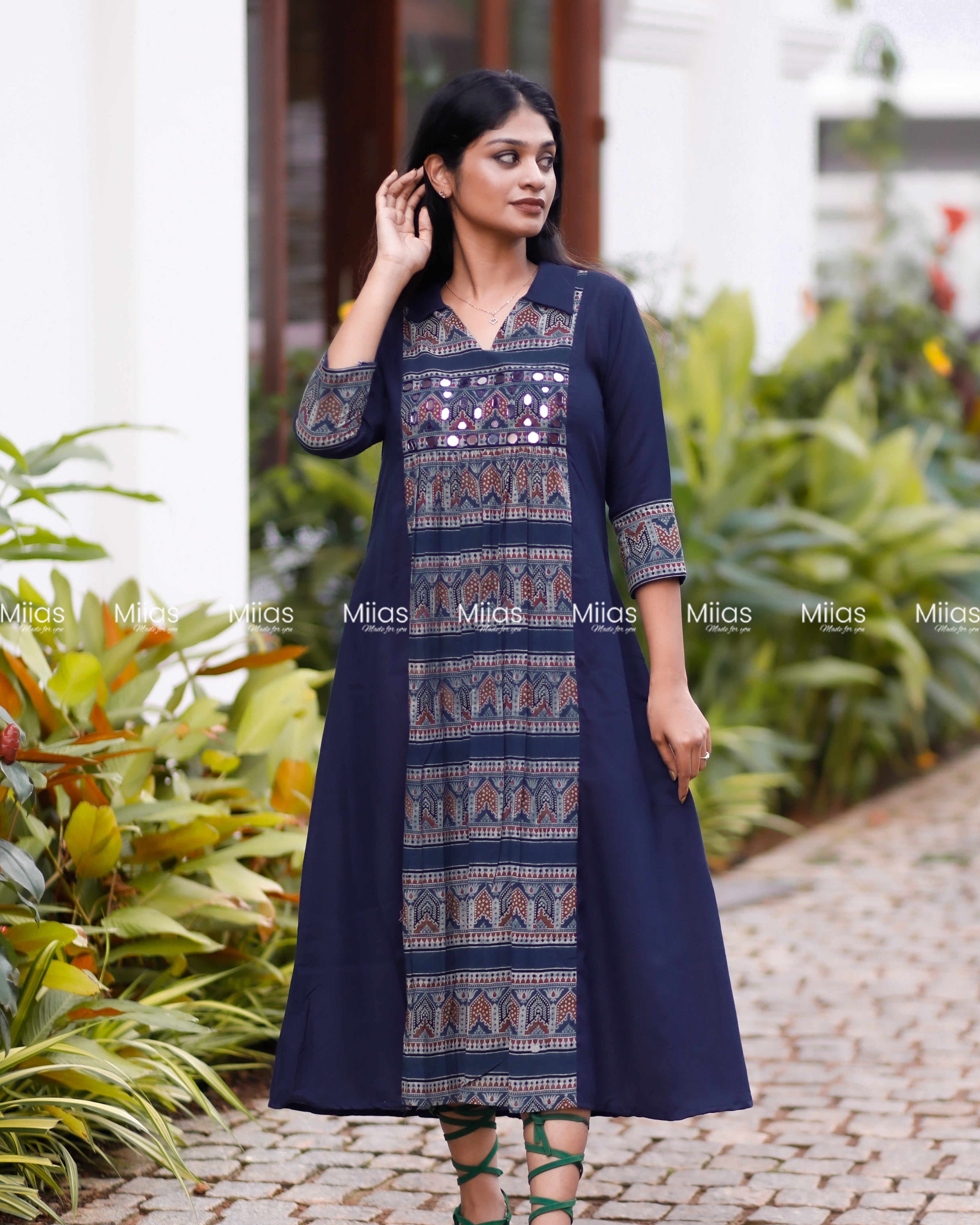 Cotton 3-Panel Dress Kurti | Ajrakh Print + Mirror Yoke | Blue