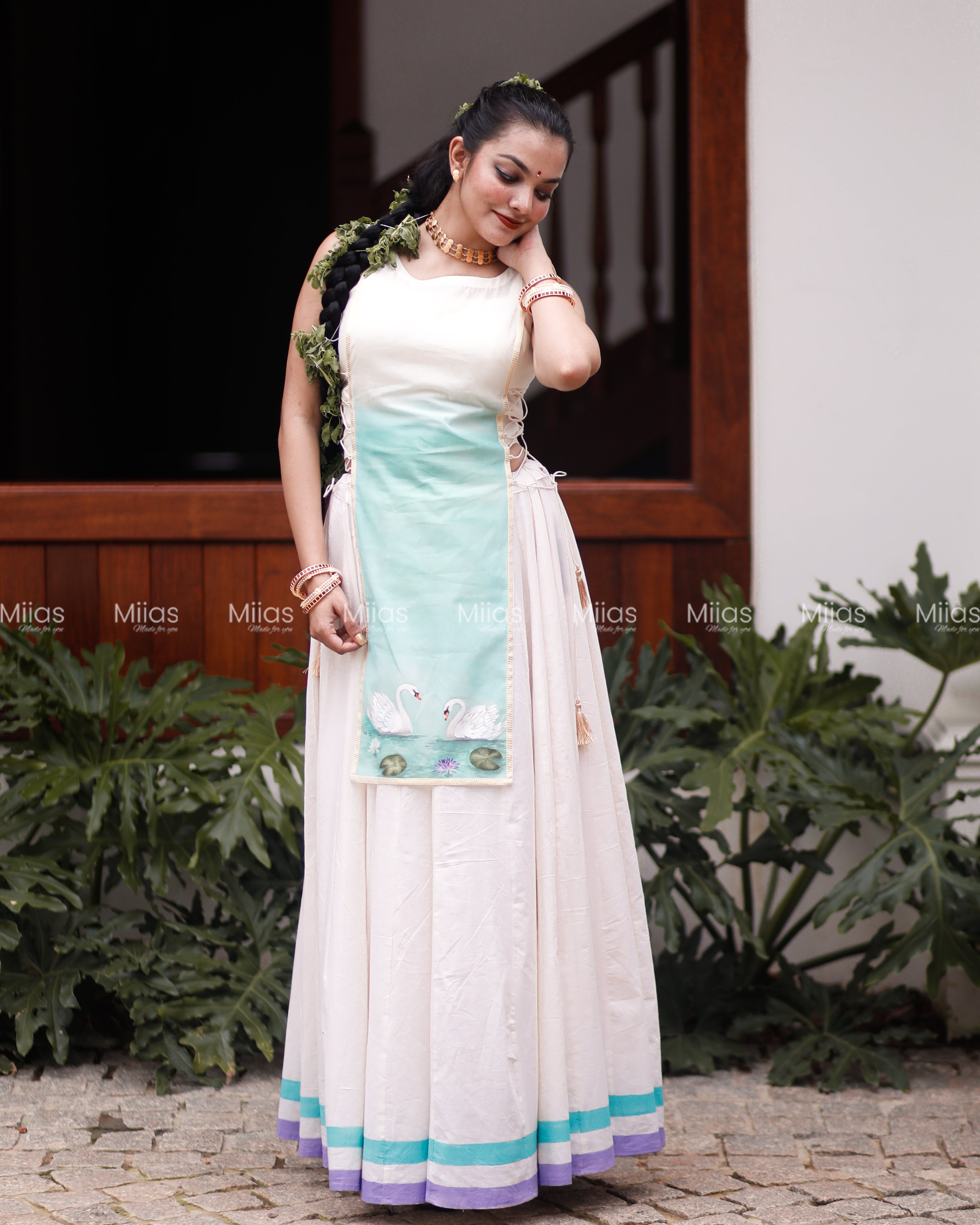 Kora Cotton Skirt Set | Painted Border + Swan Jacket | Ivory