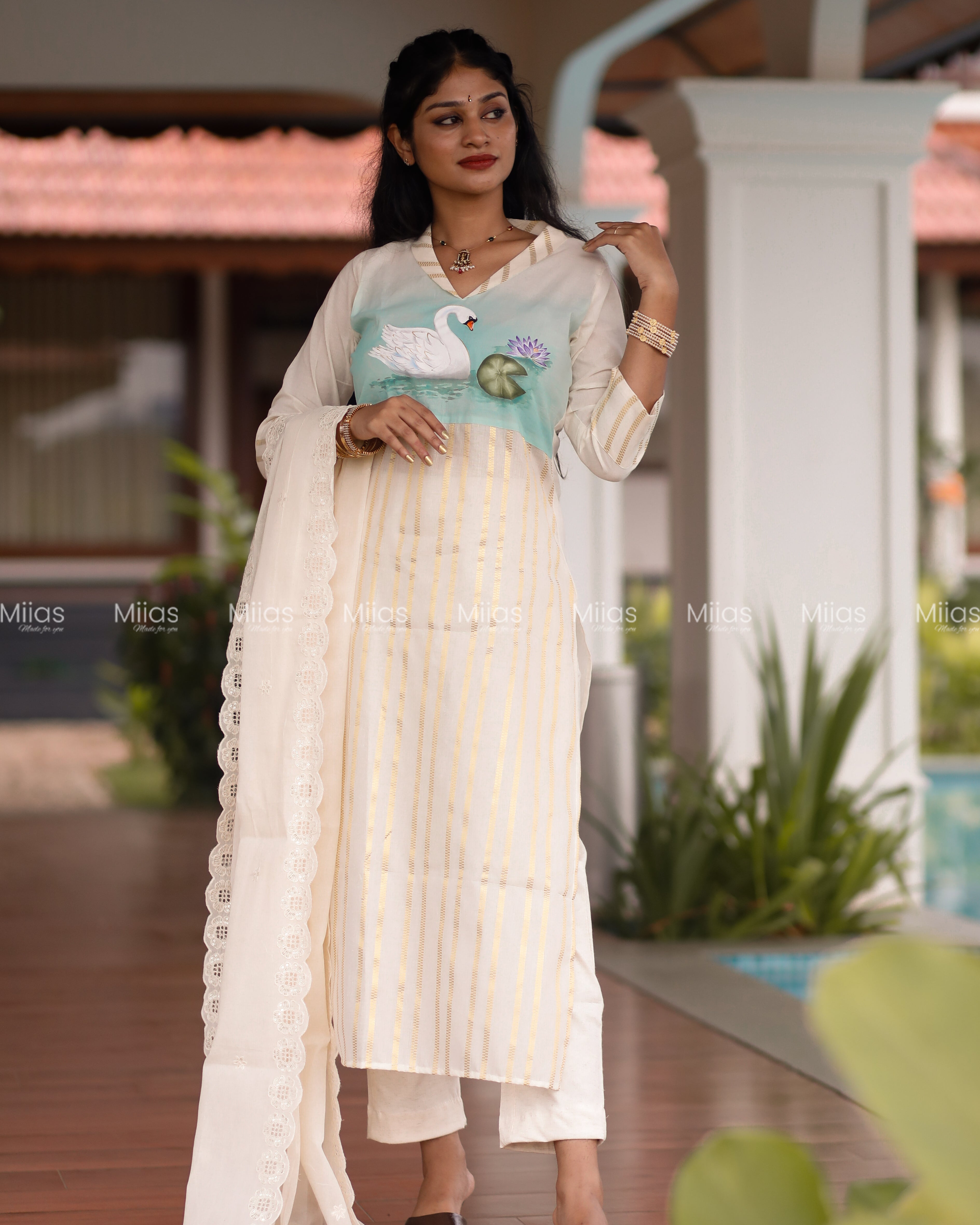 Kora Cotton Kurti + Dupatta | Hand-Painted Yoke | Ivory