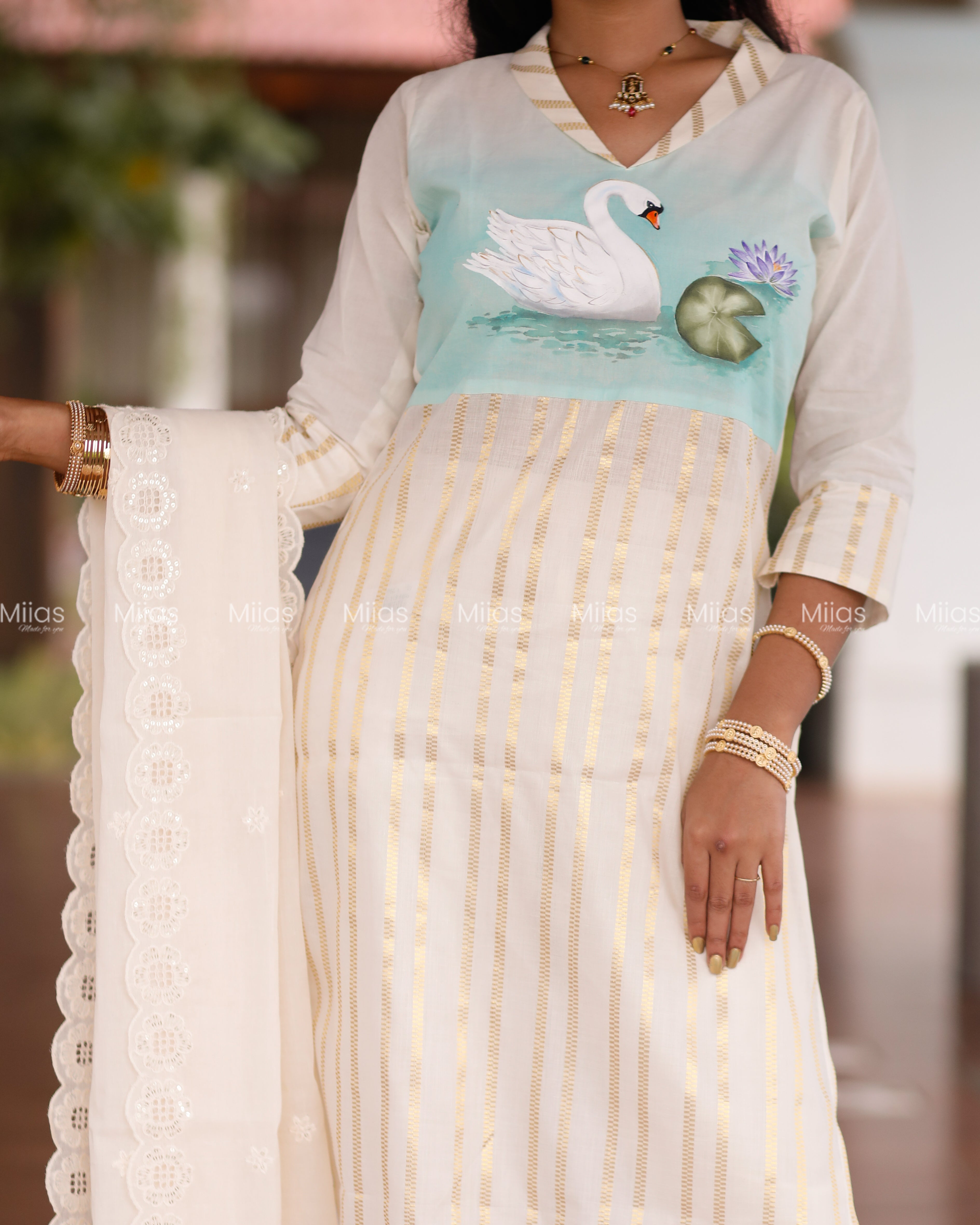 Kora Cotton Kurti + Dupatta | Hand-Painted Yoke | Ivory