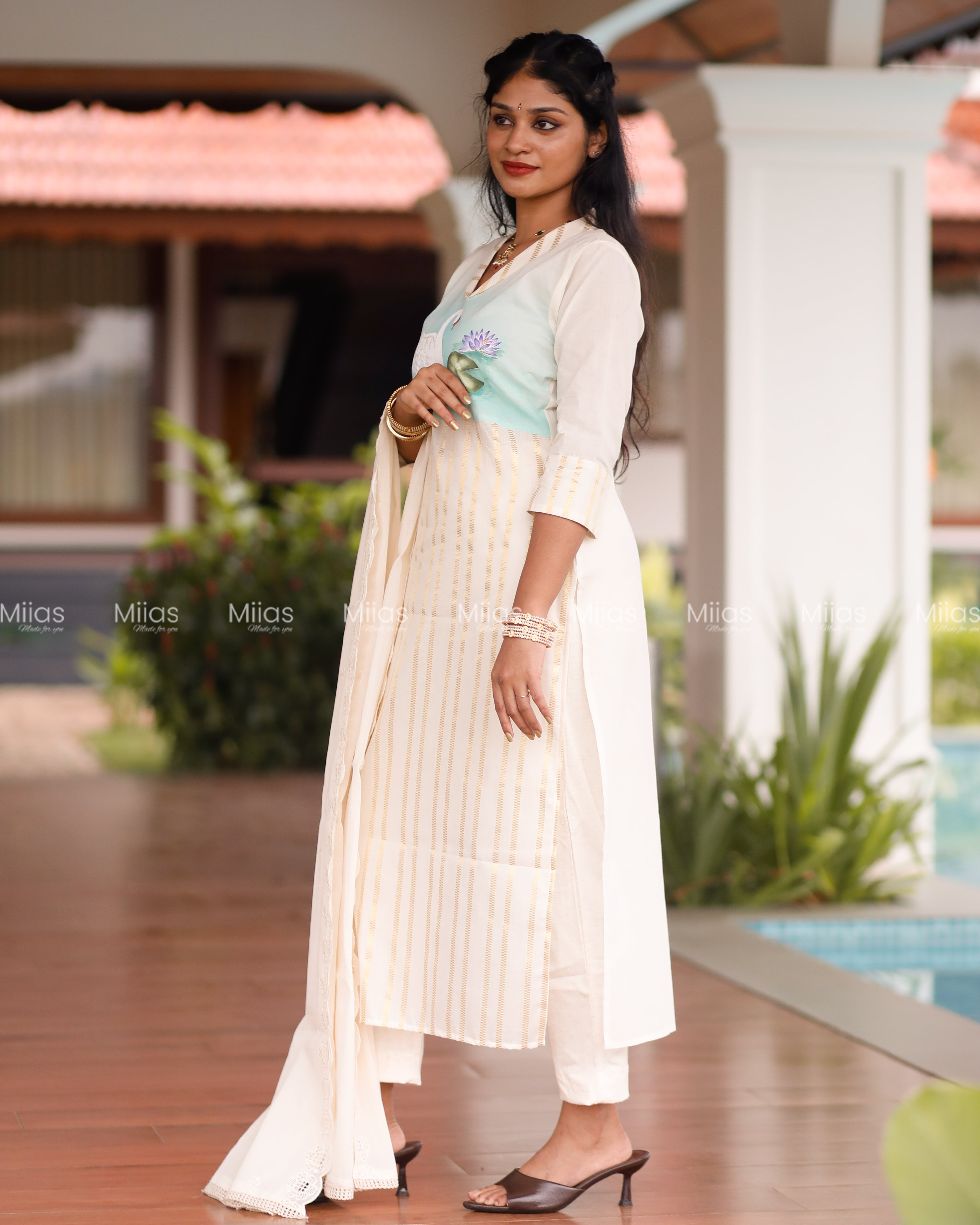Kora Cotton Kurti + Dupatta | Hand-Painted Yoke | Ivory