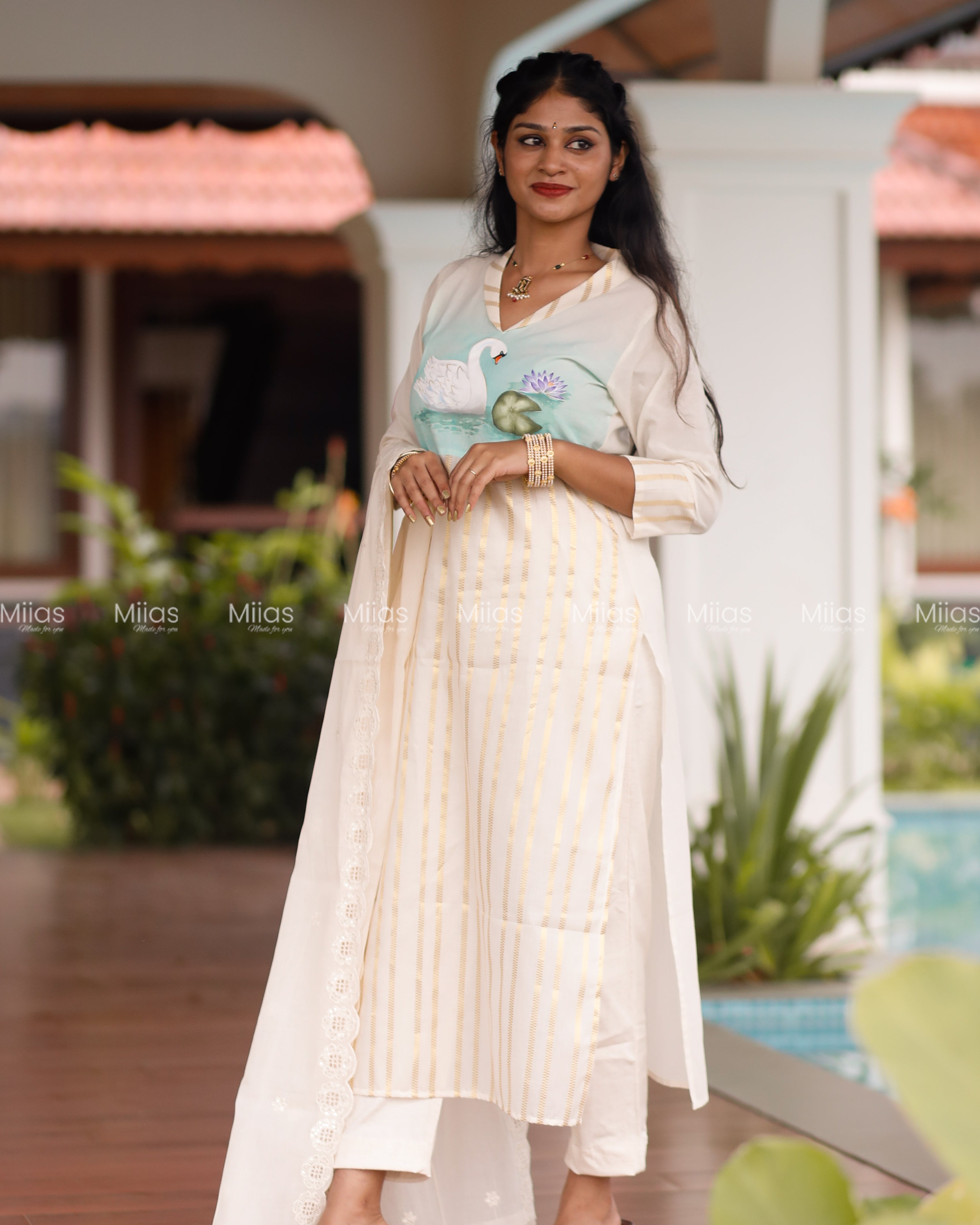 Kora Cotton Kurti + Dupatta | Hand-Painted Yoke | Ivory