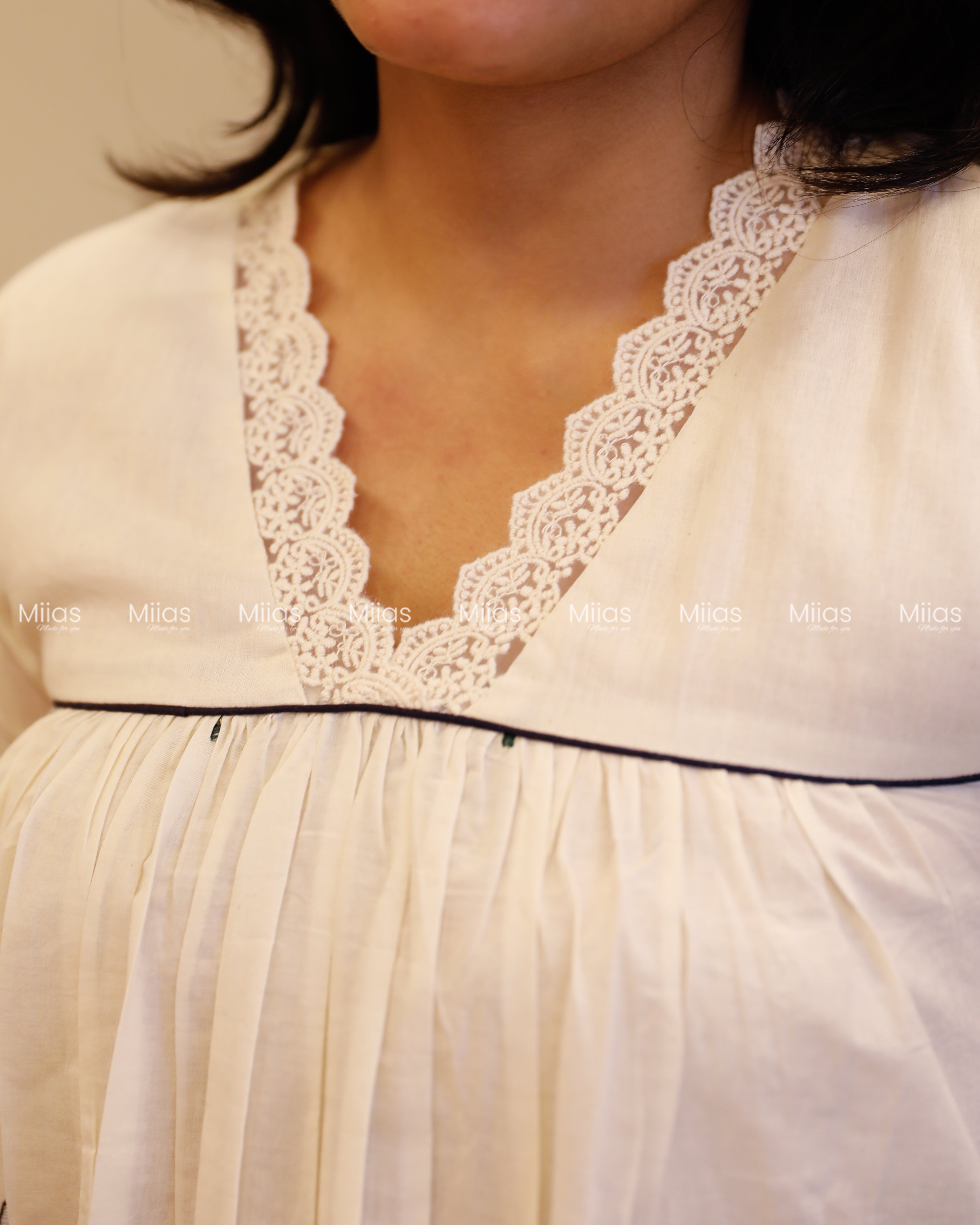Kora Cotton Dress Kurti | Embroidered + Lace + Piping | Off-White