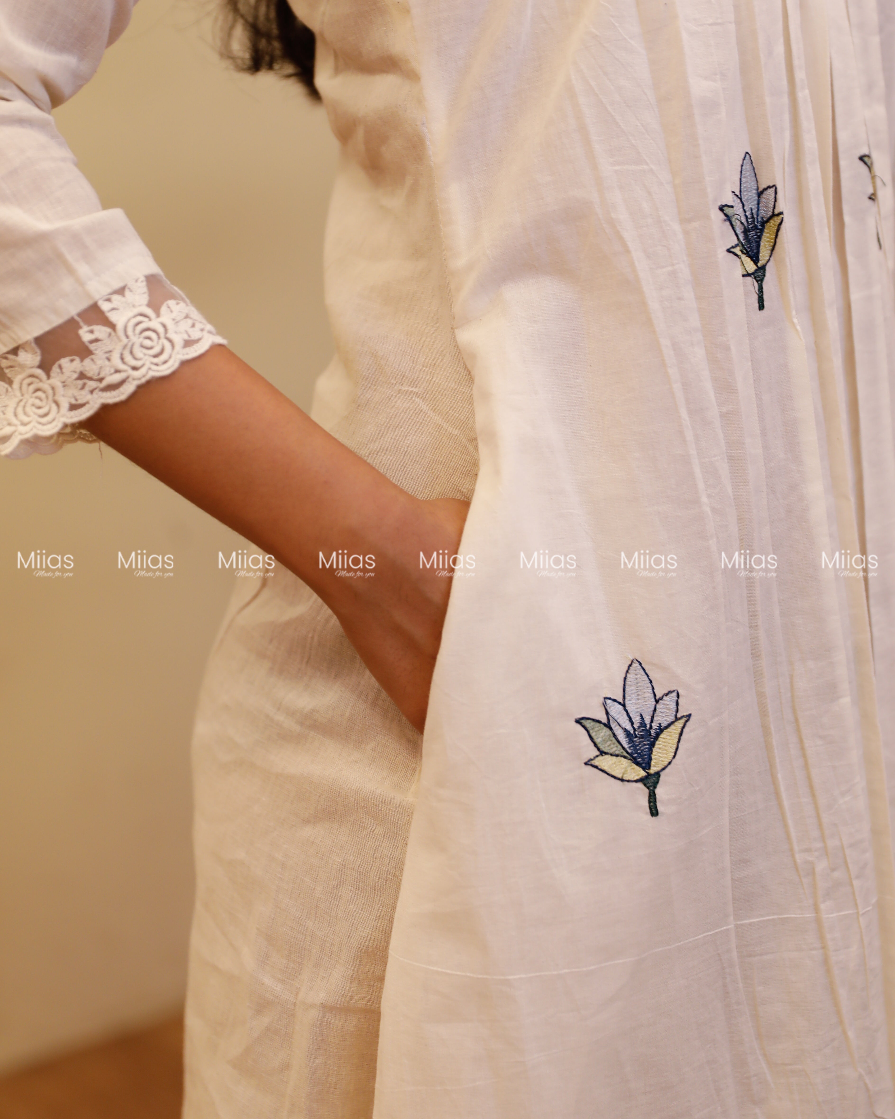Kora Cotton Dress Kurti | Embroidered + Lace + Piping | Off-White