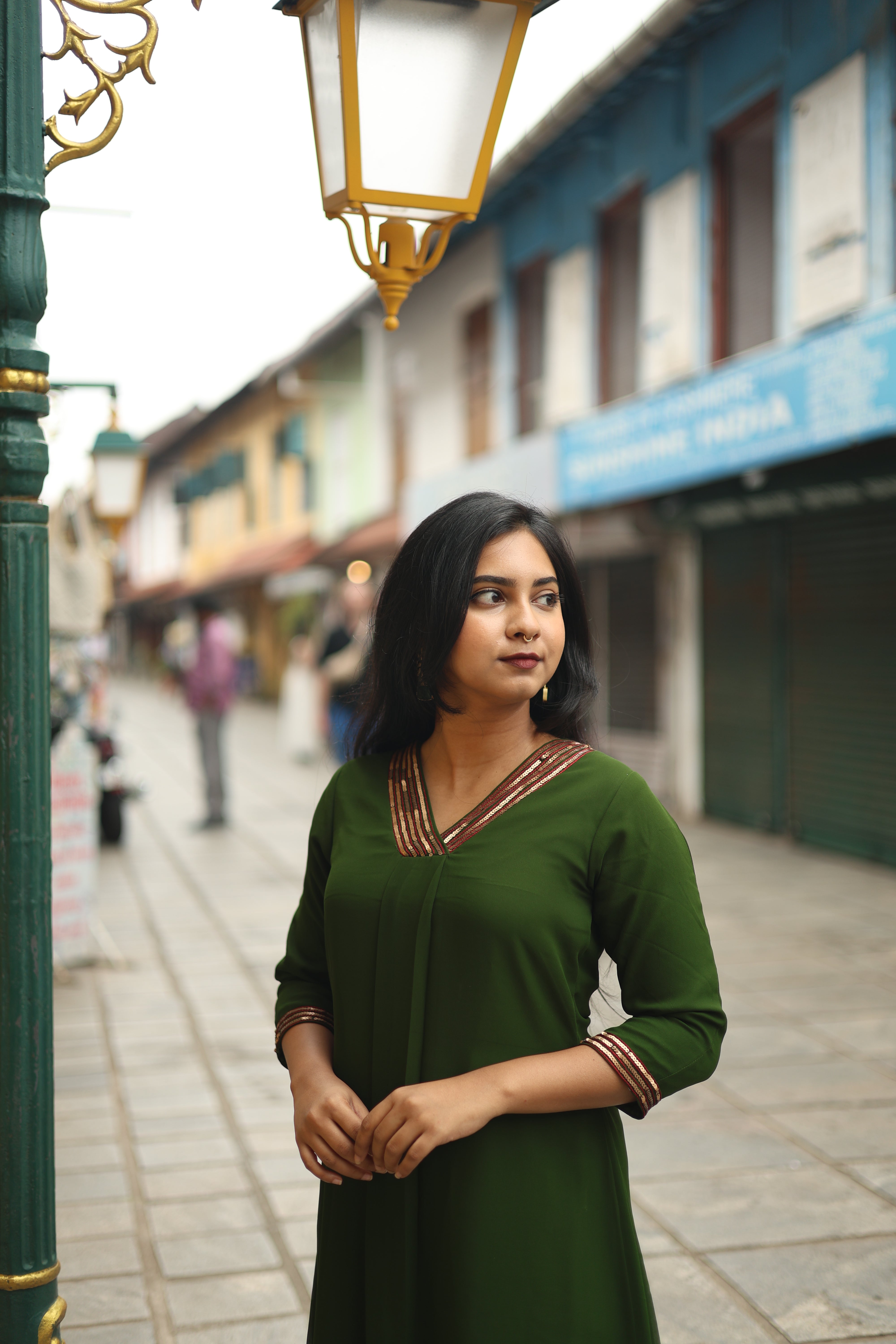 Fox Georgette A-Line Kurti: Sequin V-Neck Elegance-Green.