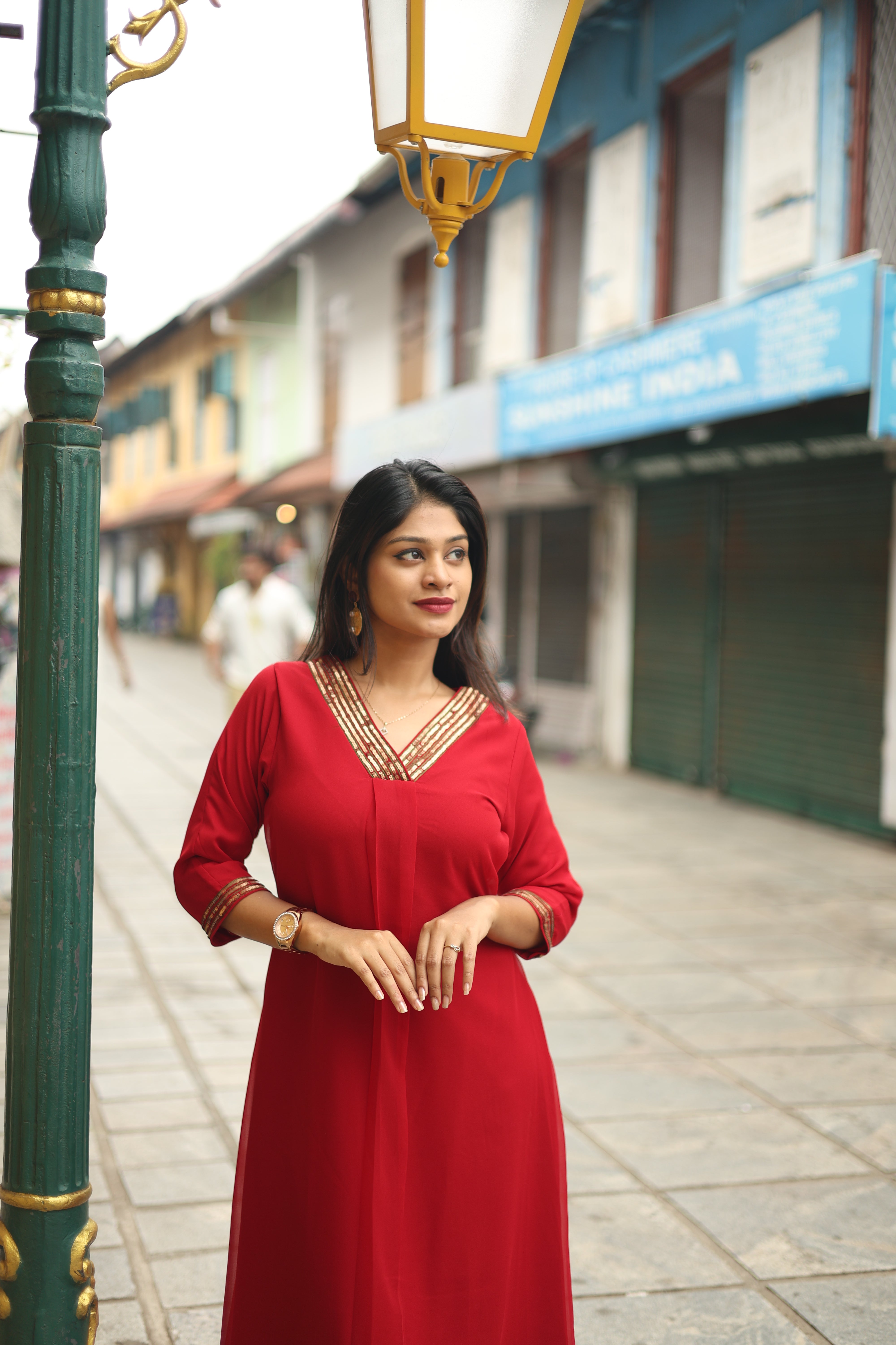 Fox Georgette A-Line Kurti: Sequin V-Neck Elegance-Red