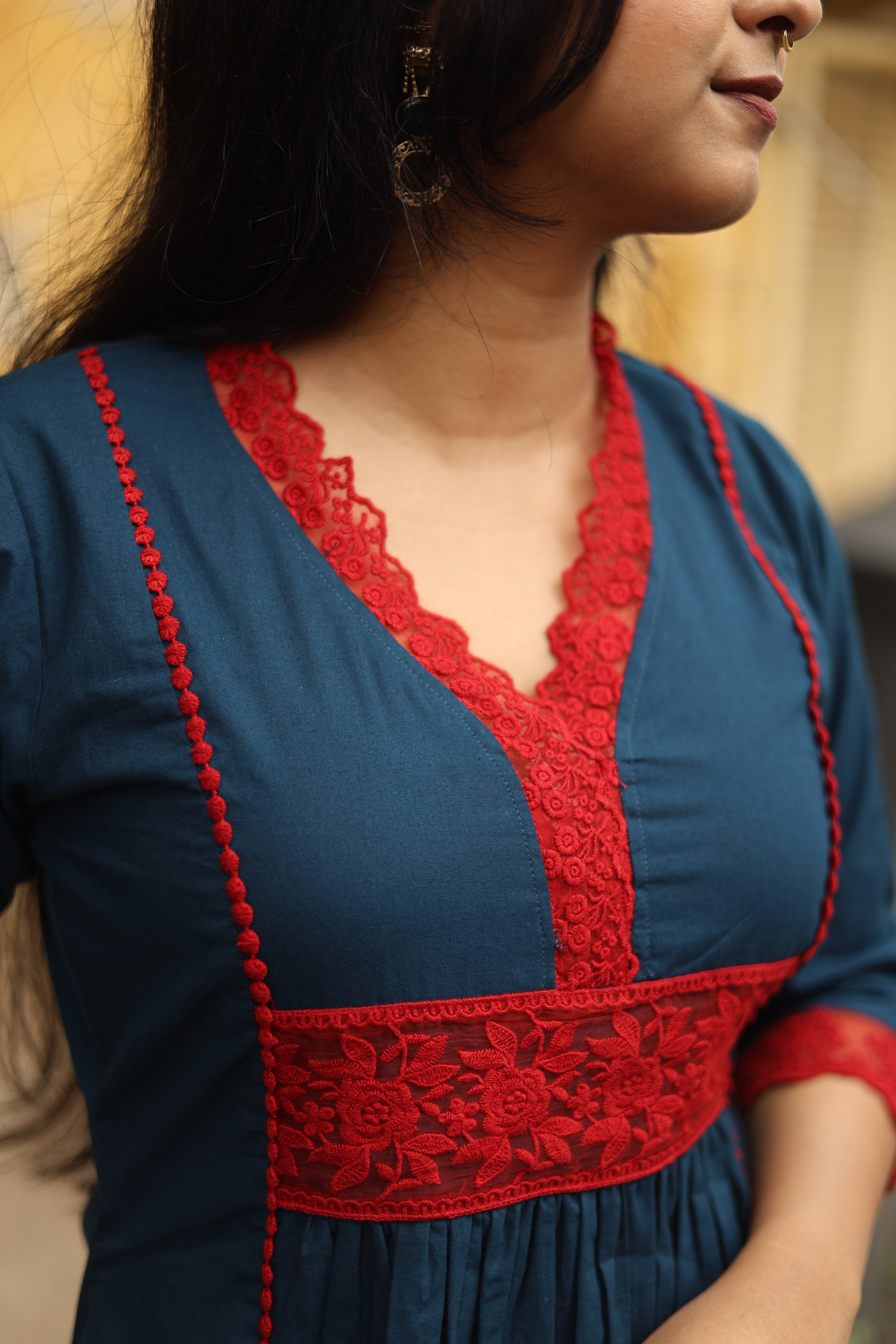 Pure Cotton Three-Panel Kurti w/ Contrast Lace & Pocket-Blue