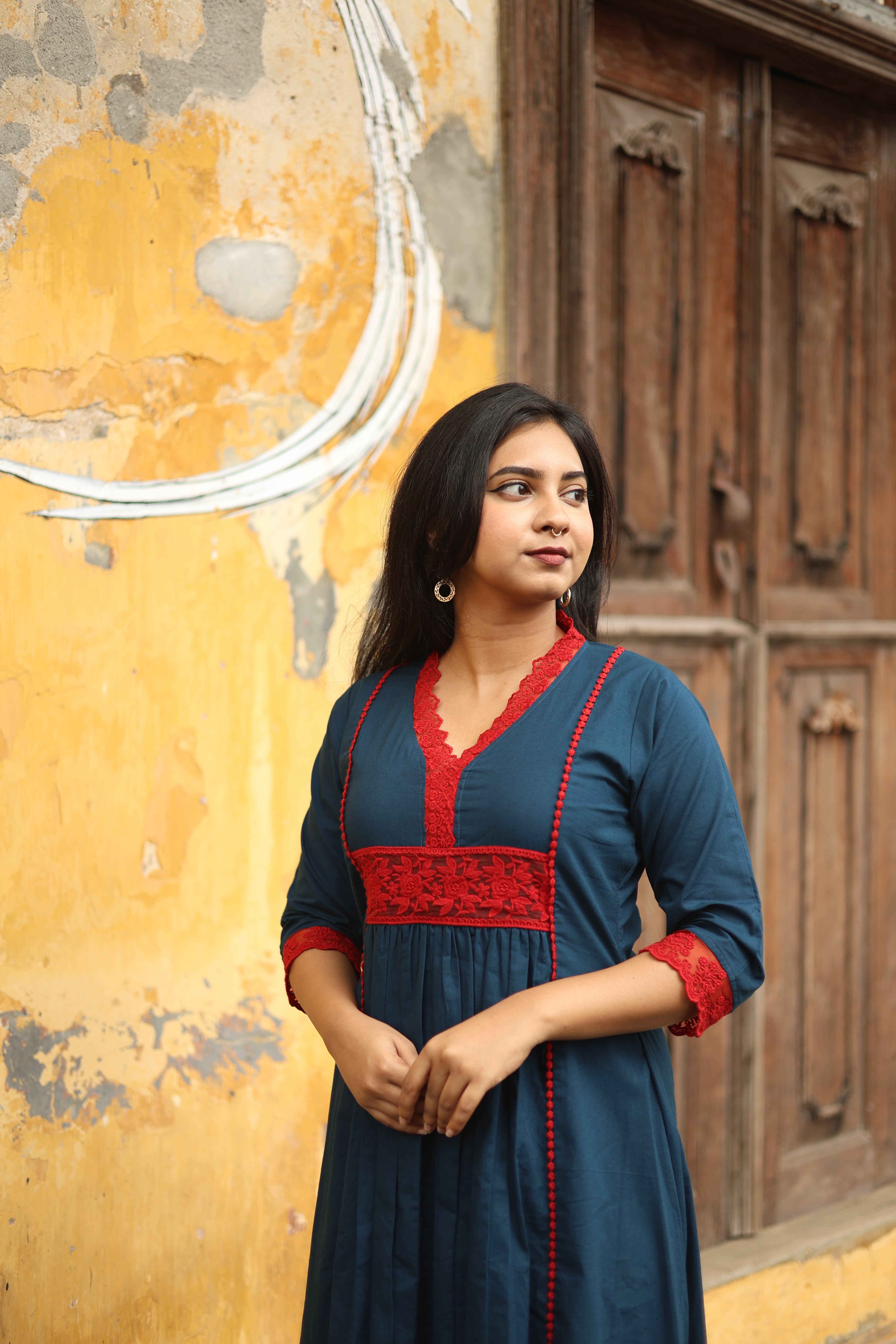 Pure Cotton Three-Panel Kurti w/ Contrast Lace & Pocket-Blue