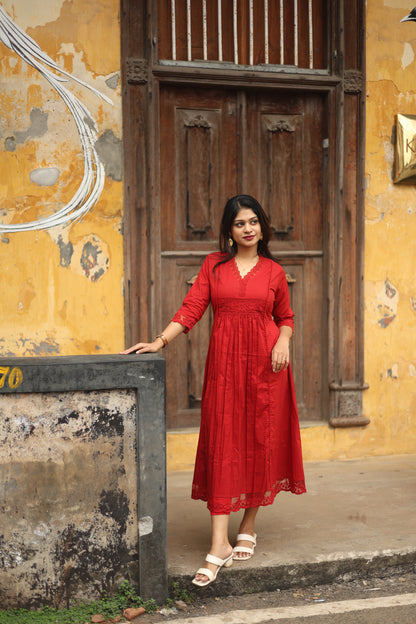 Cotton Three-Panel Kurti with Lace-Red.
