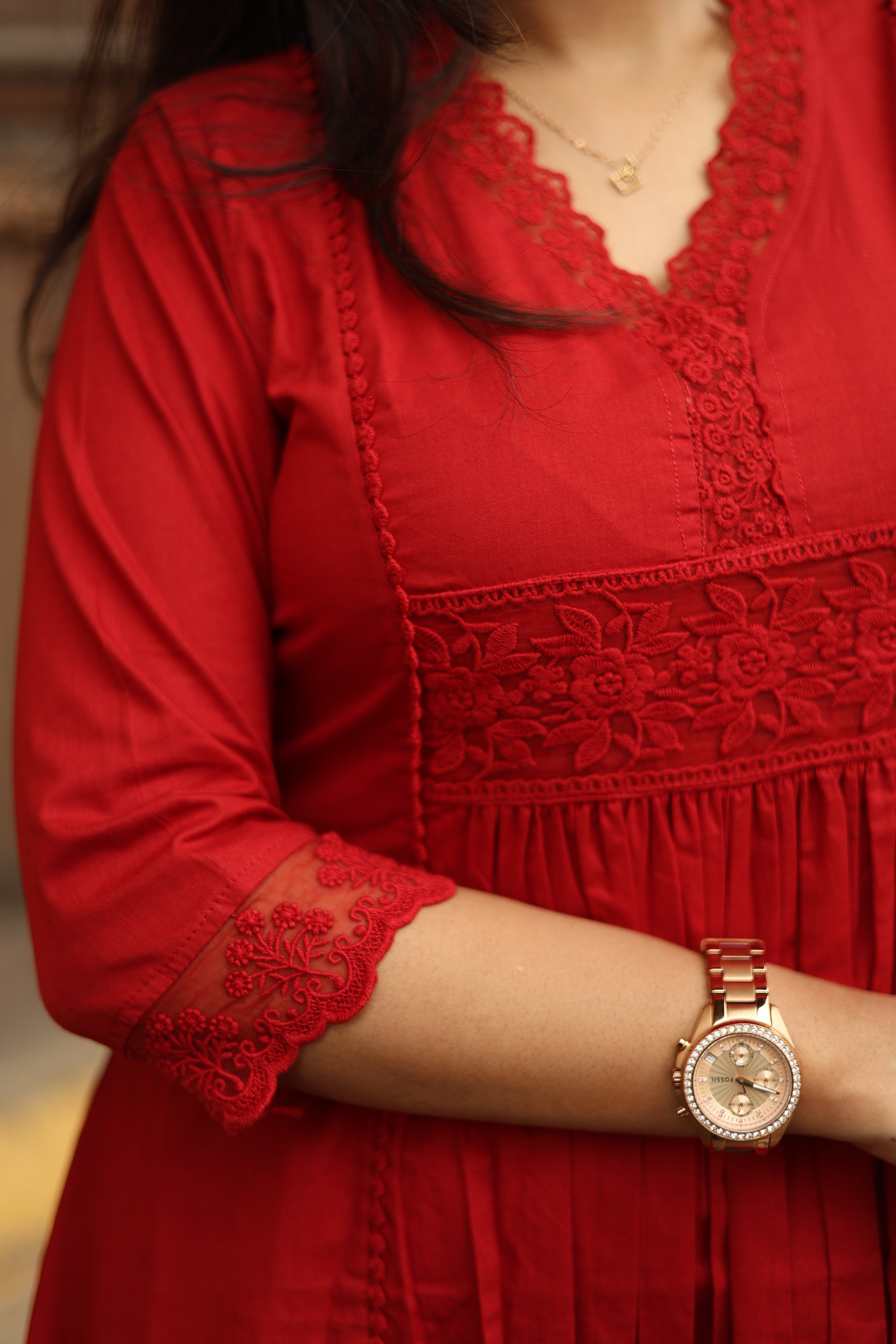 Cotton Three-Panel Kurti with Lace-Red.