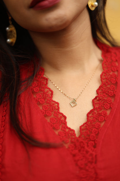 Cotton Three-Panel Kurti with Lace-Red.