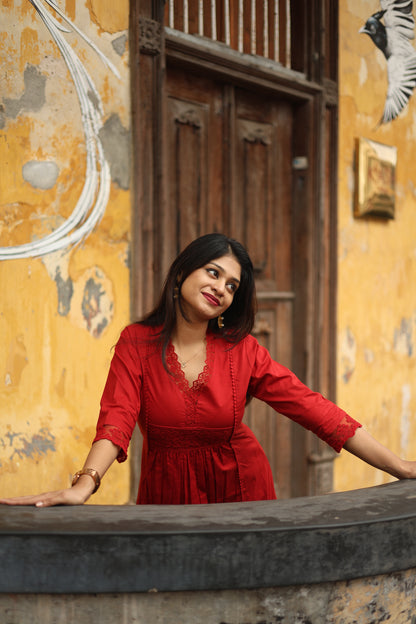Cotton Three-Panel Kurti with Lace-Red.